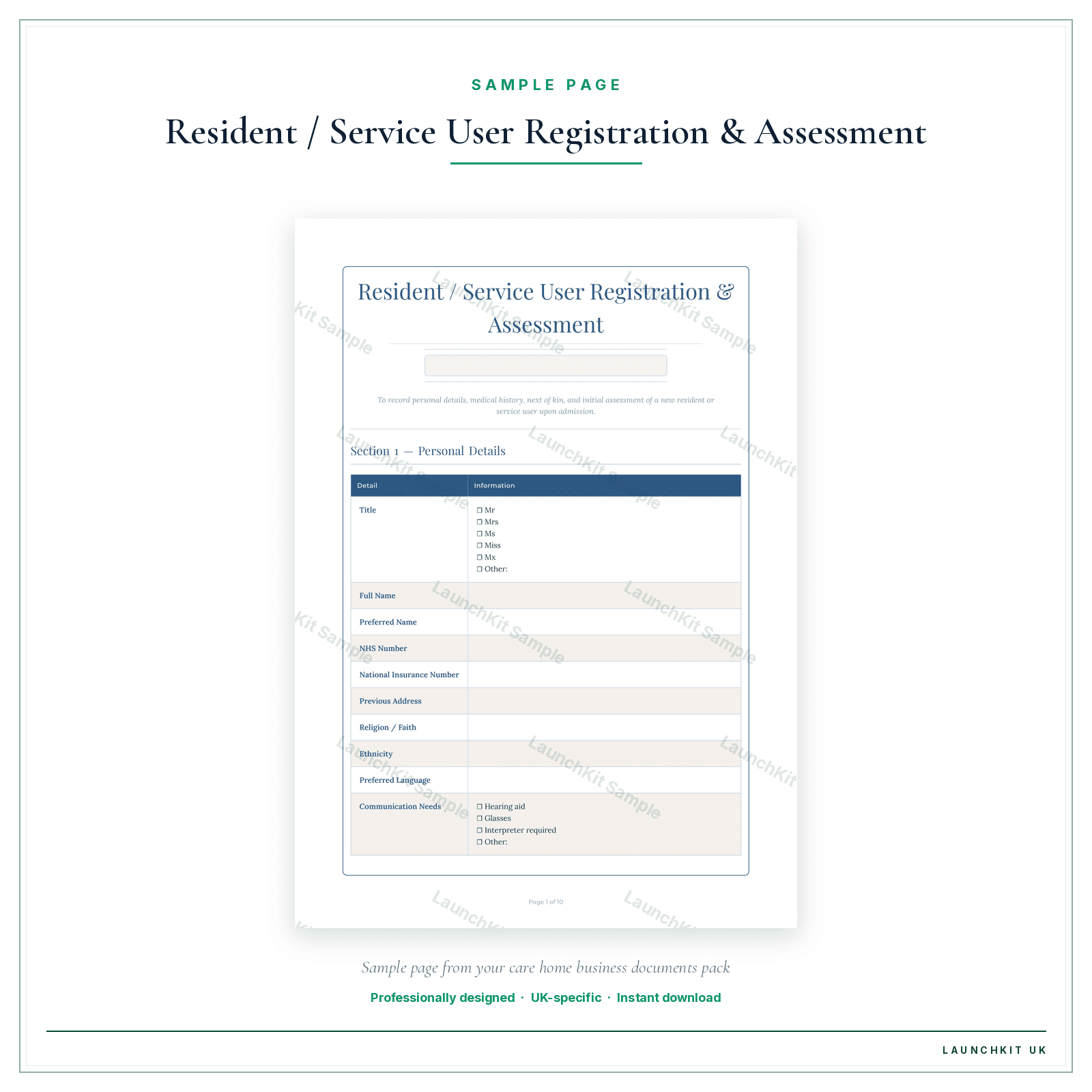 Resident / Service User Registration & Assessment sample page from the Care Home Business Documents — Essential pack — watermarked LaunchKit Sample