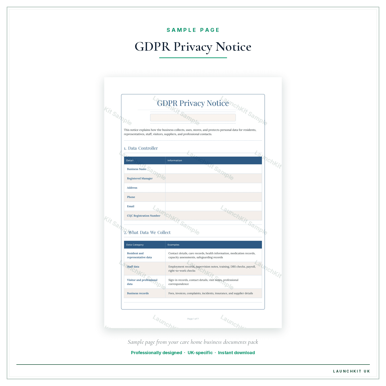 Tel: |-------------|-----------| sample page from the Care Home Business Documents — Essential pack — watermarked LaunchKit Sample
