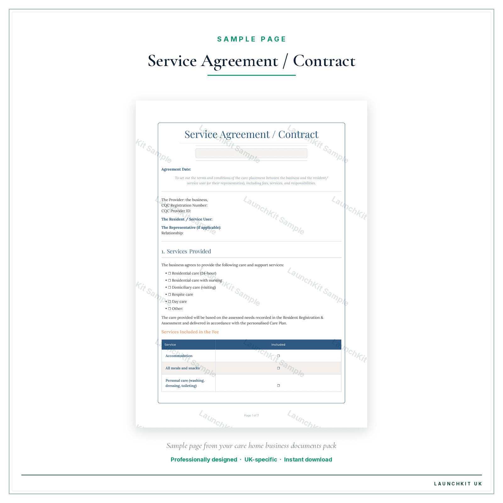 Service Agreement / Contract sample page from the Care Home Business Documents — Essential pack — watermarked LaunchKit Sample