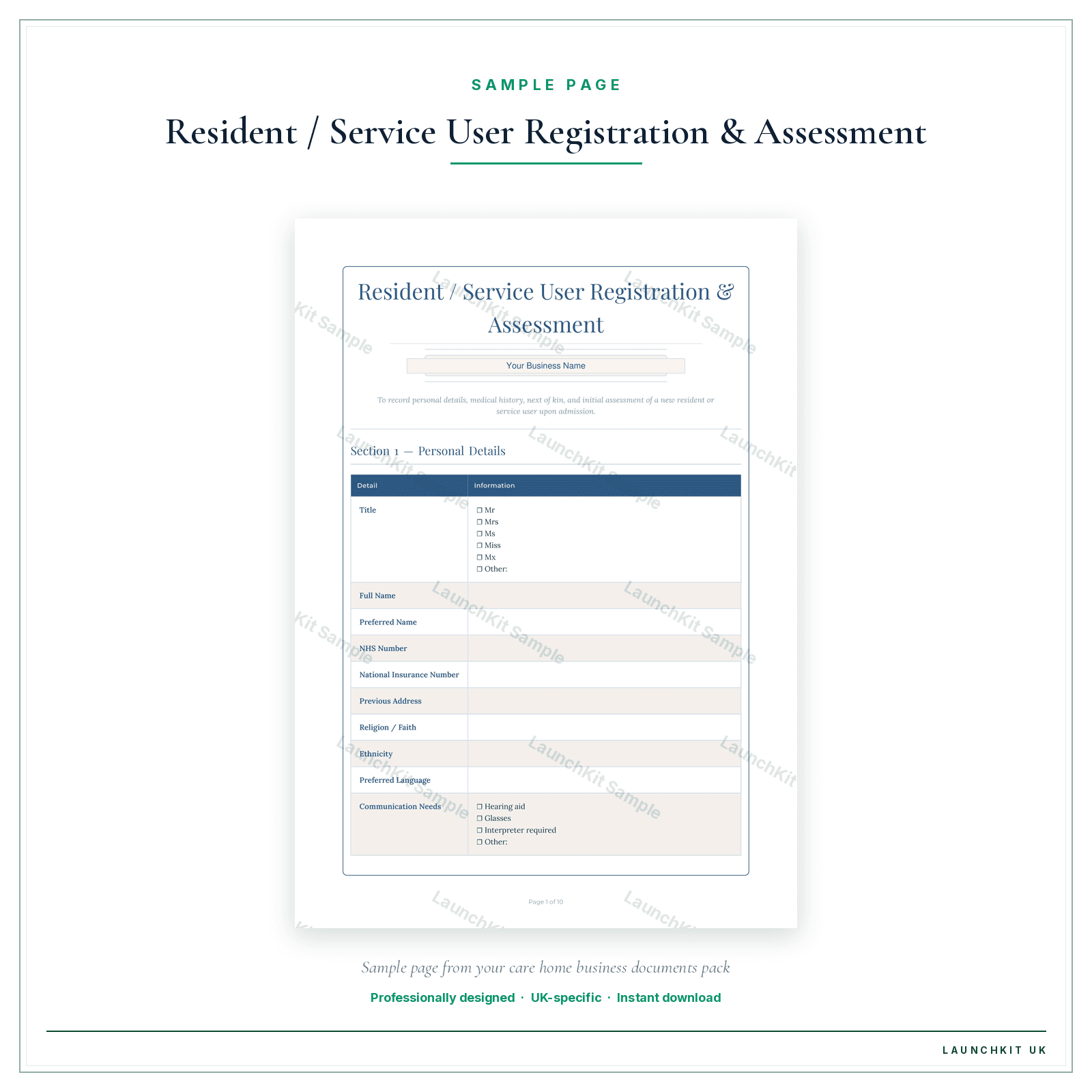 Resident / Service User Registration & Assessment sample page from the Care Home Business Documents — Standard pack — watermarked LaunchKit Sample