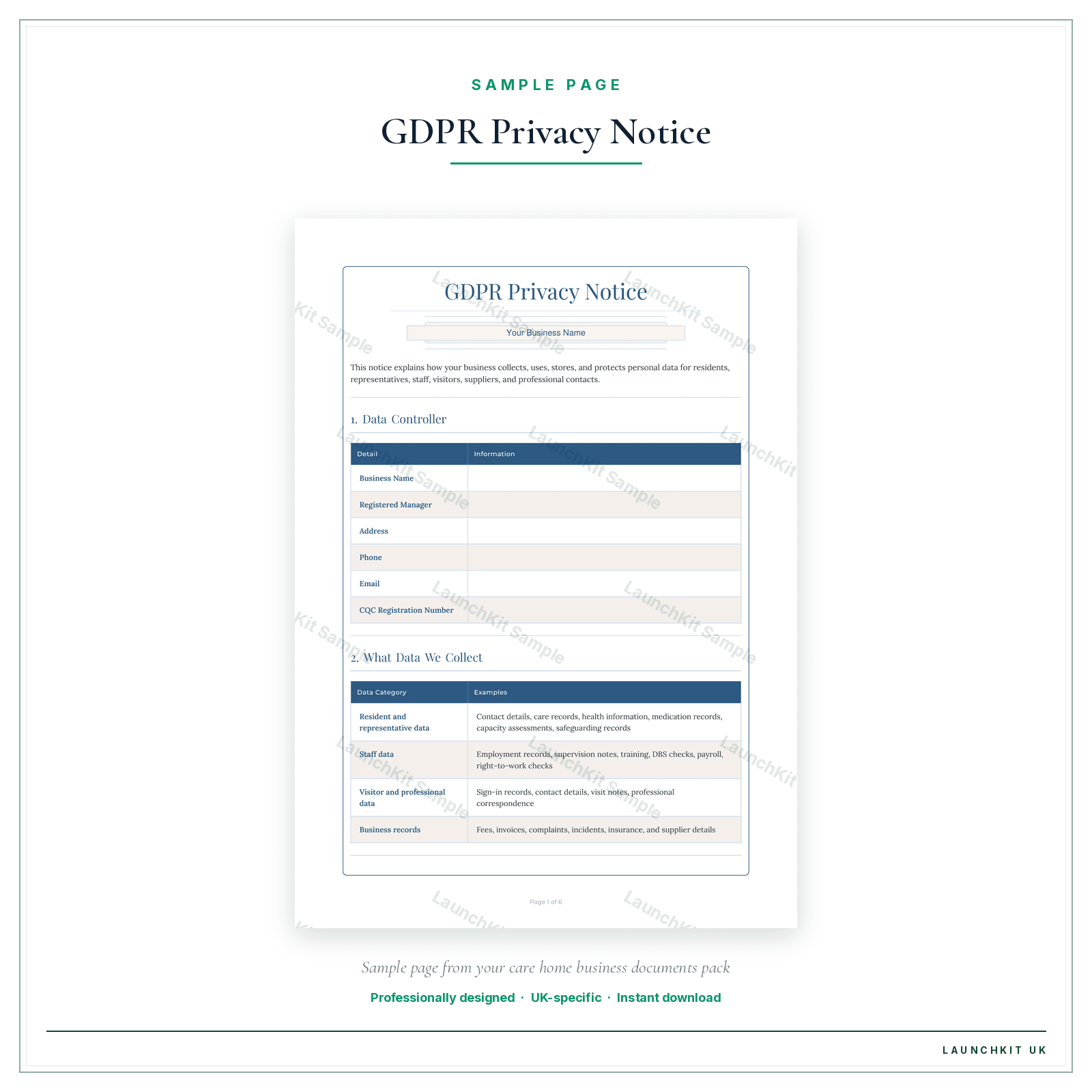 Tel: |-------------|-----------| sample page from the Care Home Business Documents — Standard pack — watermarked LaunchKit Sample
