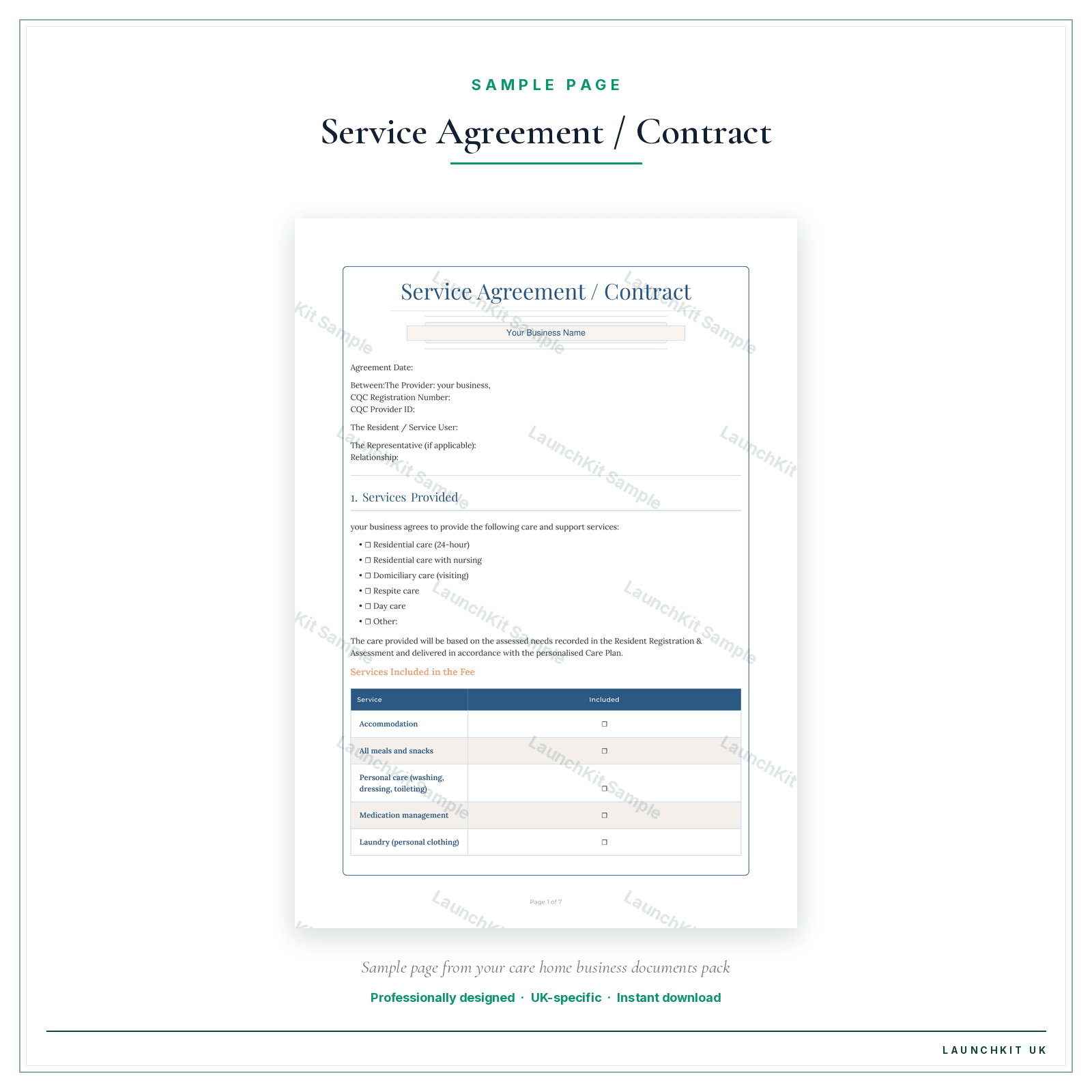 Service Agreement / Contract sample page from the Care Home Business Documents — Standard pack — watermarked LaunchKit Sample