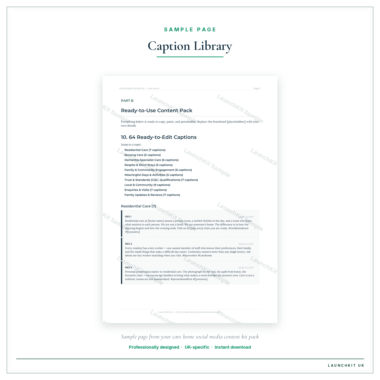 Caption Library sample page from the Care Home Social Media Content Kit pack — watermarked LaunchKit Sample