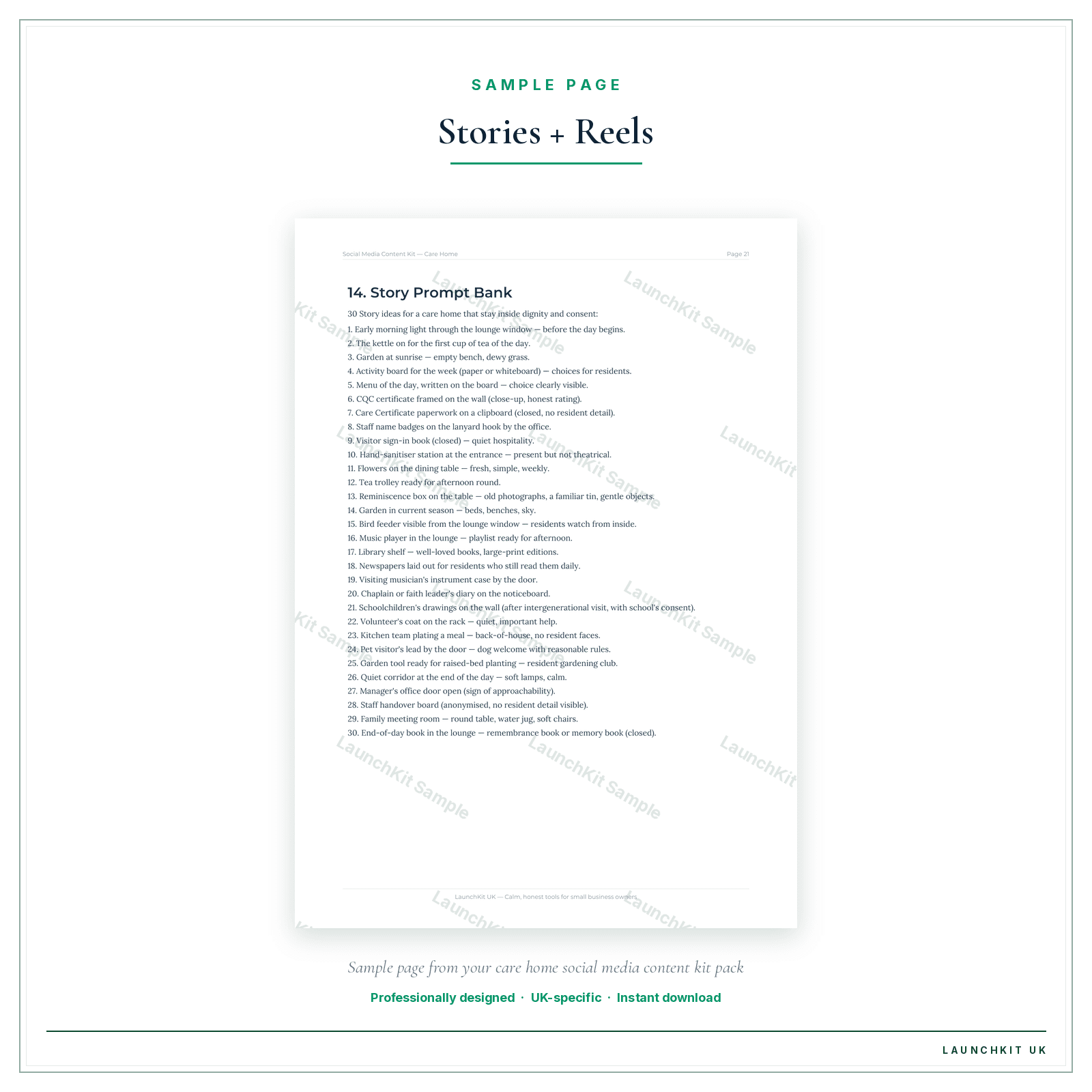 Stories + Reels sample page from the Care Home Social Media Content Kit pack — watermarked LaunchKit Sample