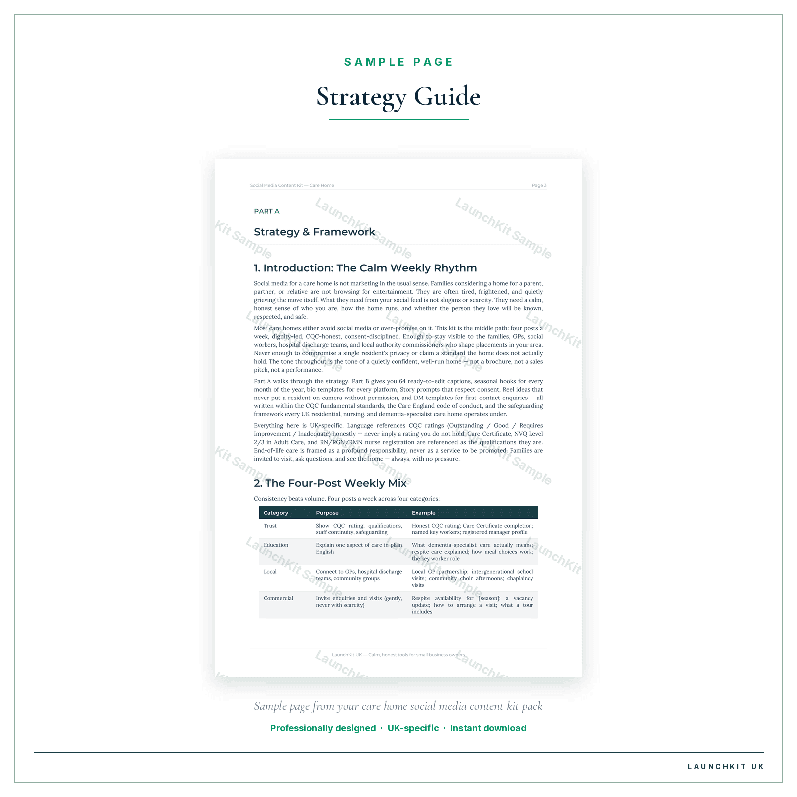 Strategy Guide sample page from the Care Home Social Media Content Kit pack — watermarked LaunchKit Sample