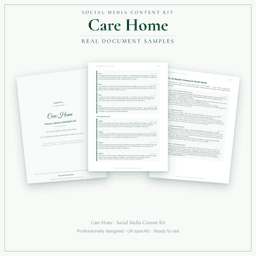 Care Home — Social Media Content Kit, PDF and editable DOCX sample pages