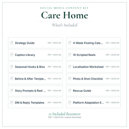 Care Home — Social Media Content Kit, PDF and editable DOCX what's included preview