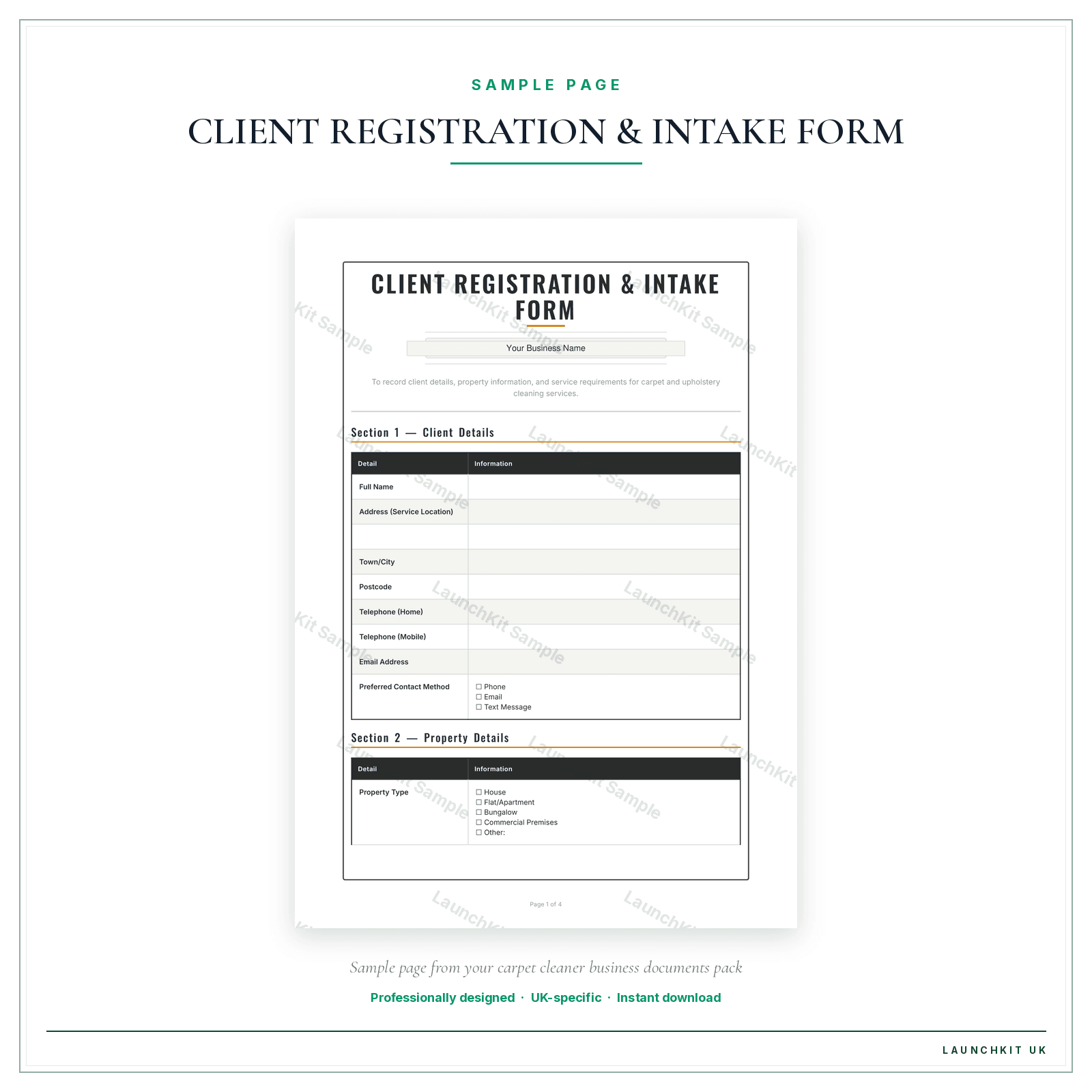 CLIENT REGISTRATION & INTAKE FORM sample page from the Carpet Cleaner Business Documents — Premium pack — watermarked LaunchKit Sample