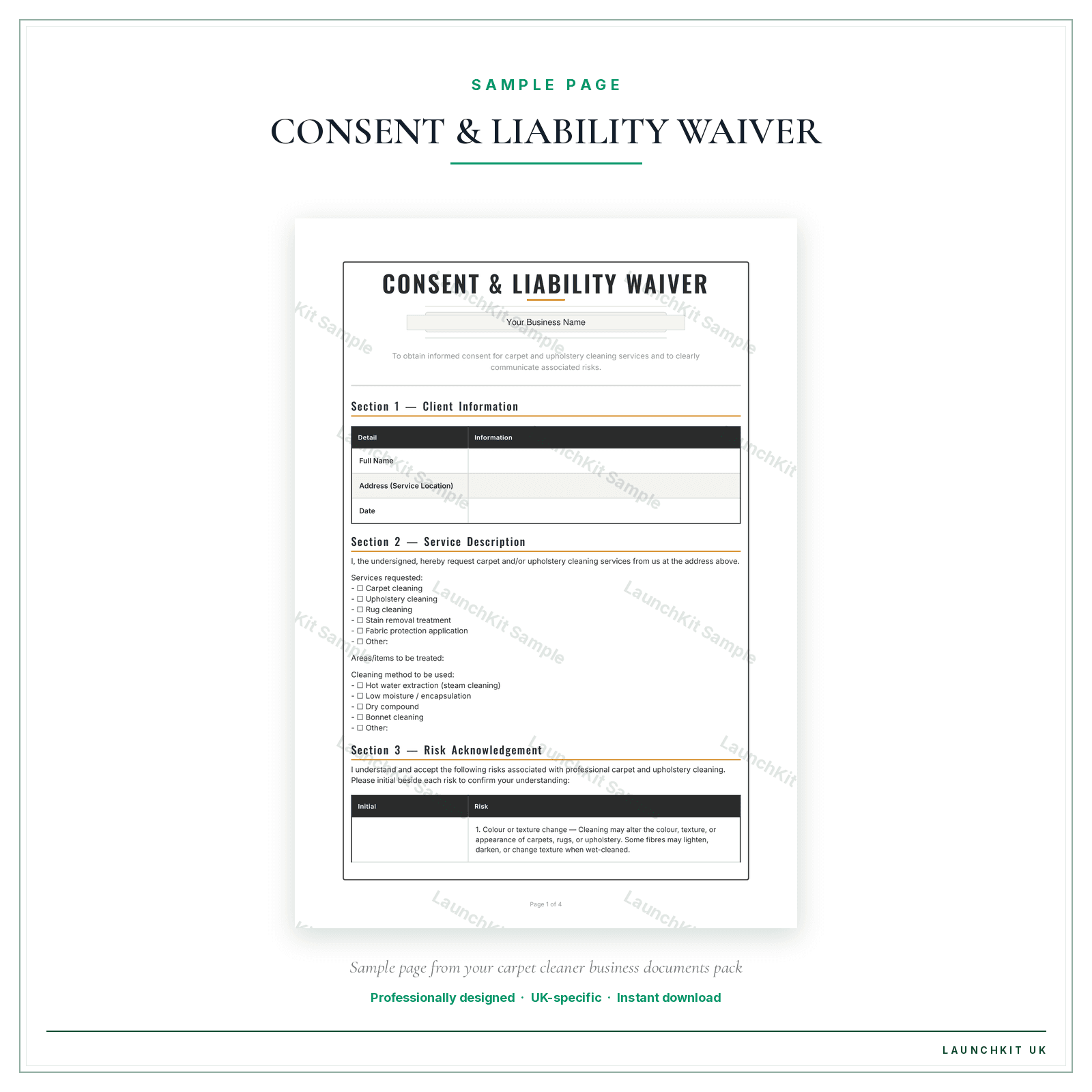 CONSENT & LIABILITY WAIVER sample page from the Carpet Cleaner Business Documents — Premium pack — watermarked LaunchKit Sample