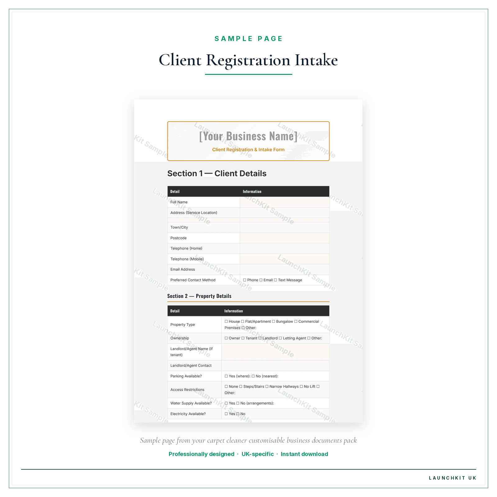 CLIENT REGISTRATION & INTAKE FORM sample page from the Carpet Cleaner Business Documents — Customisable pack — watermarked LaunchKit Sample
