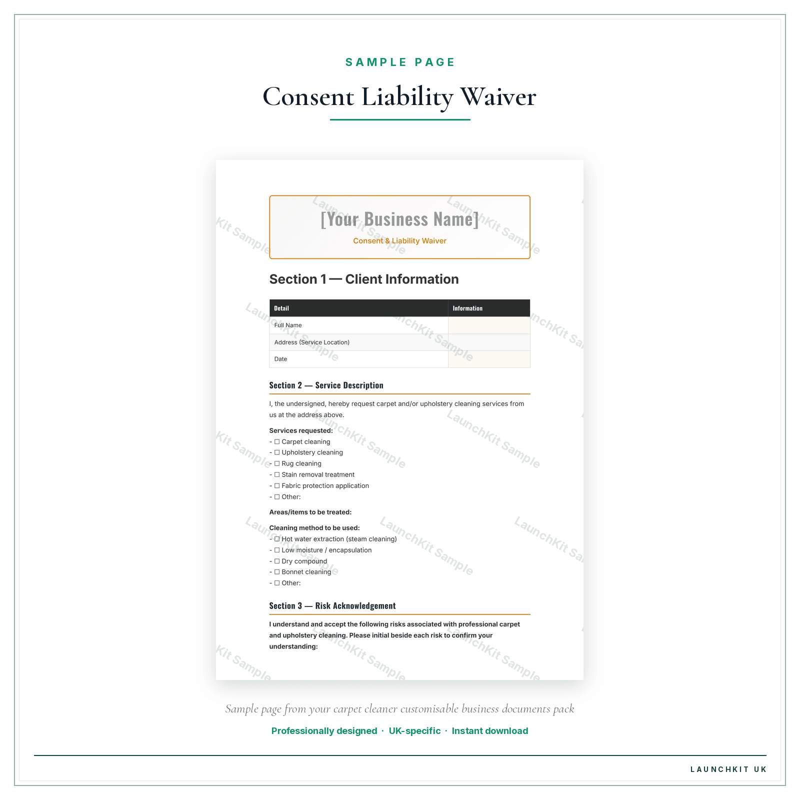 CONSENT & LIABILITY WAIVER sample page from the Carpet Cleaner Business Documents — Customisable pack — watermarked LaunchKit Sample