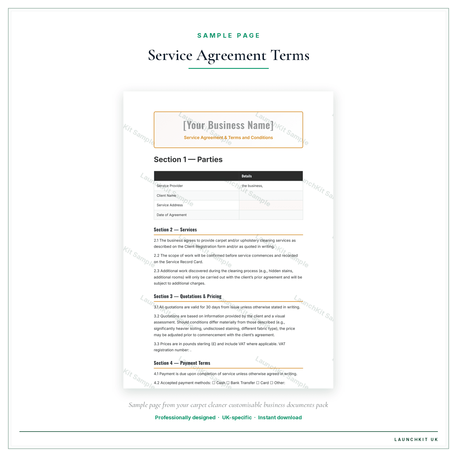 SERVICE AGREEMENT & TERMS AND CONDITIONS sample page from the Carpet Cleaner Business Documents — Customisable pack — watermarked LaunchKit Sample