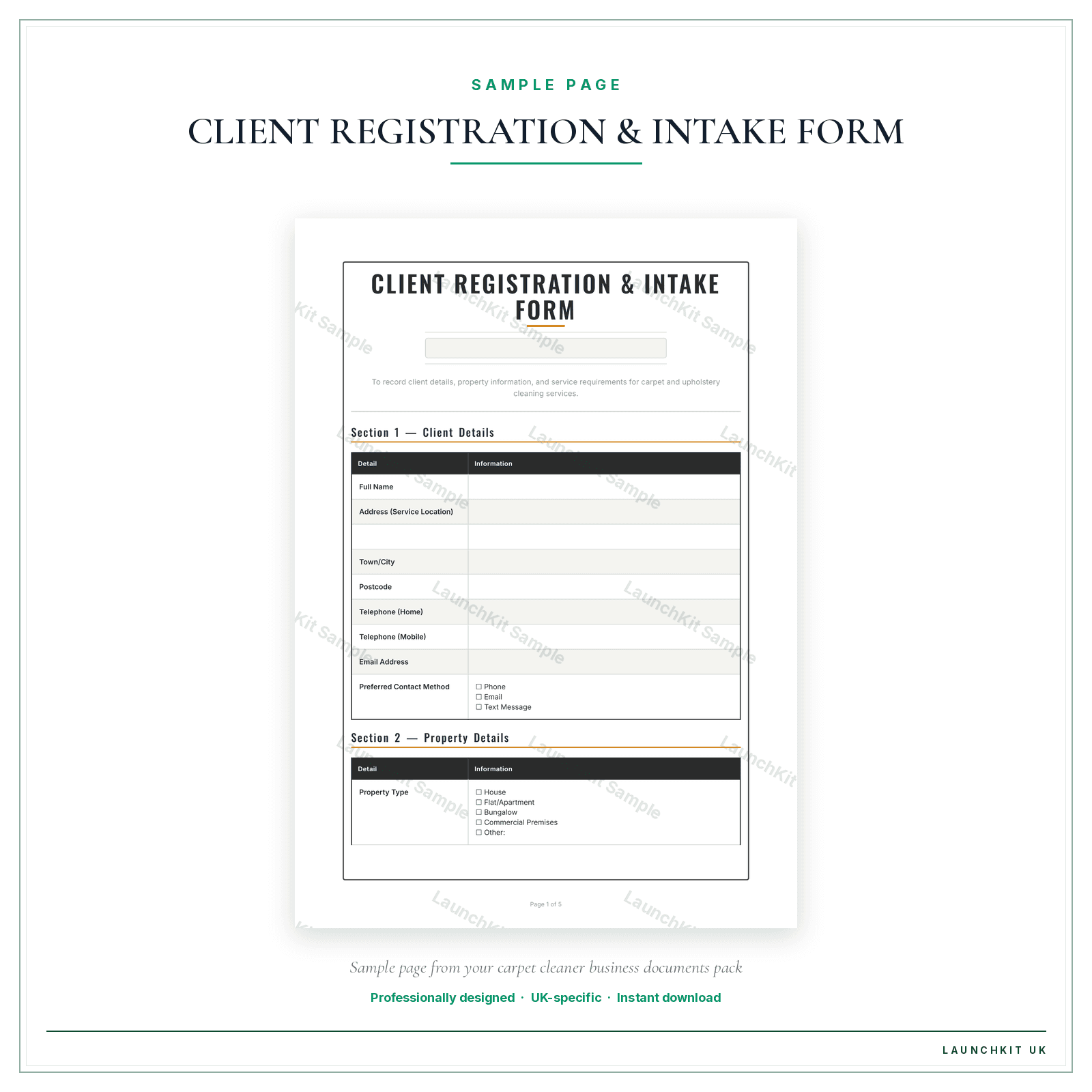 CLIENT REGISTRATION & INTAKE FORM sample page from the Carpet Cleaner Business Documents — Essential pack — watermarked LaunchKit Sample