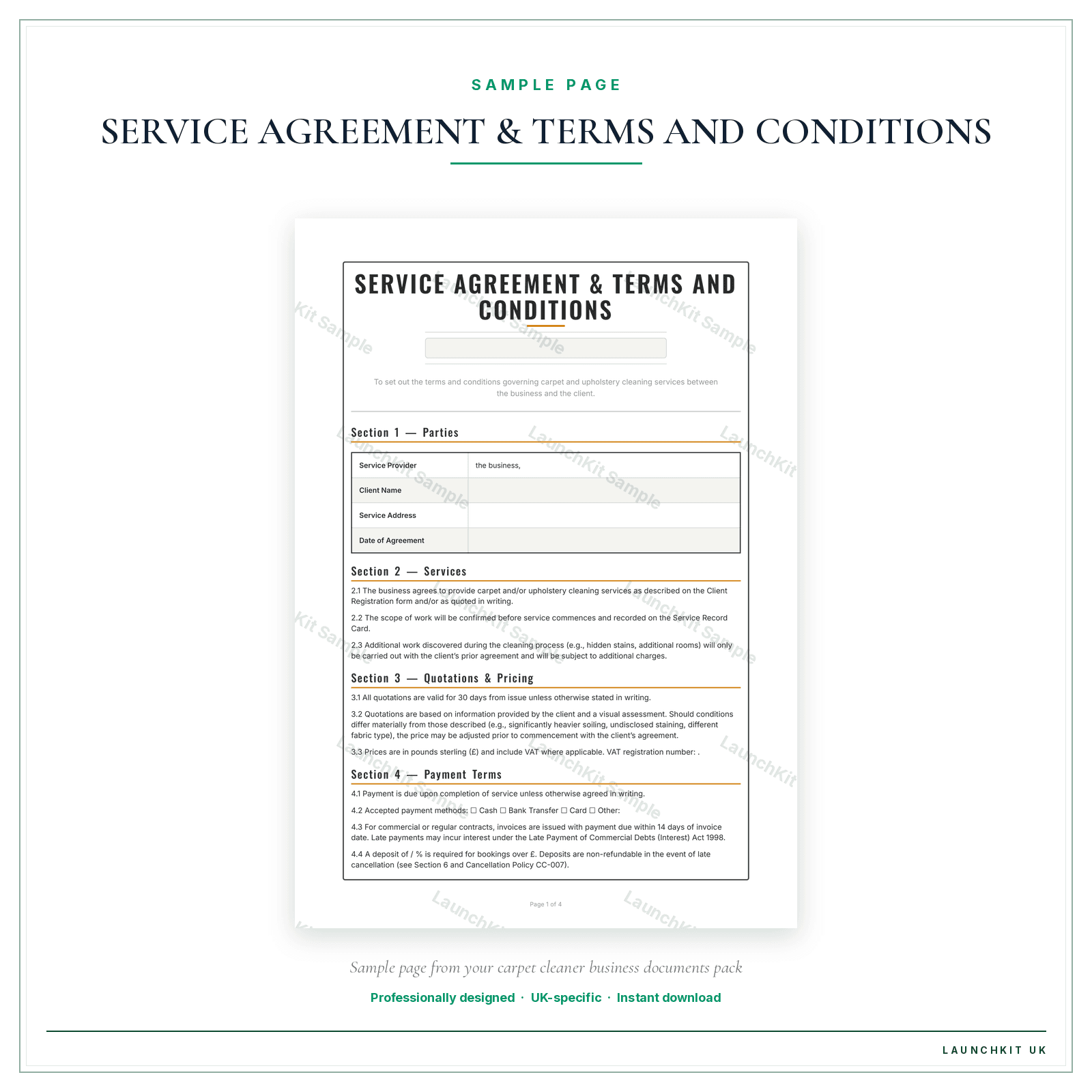SERVICE AGREEMENT & TERMS AND CONDITIONS sample page from the Carpet Cleaner Business Documents — Essential pack — watermarked LaunchKit Sample