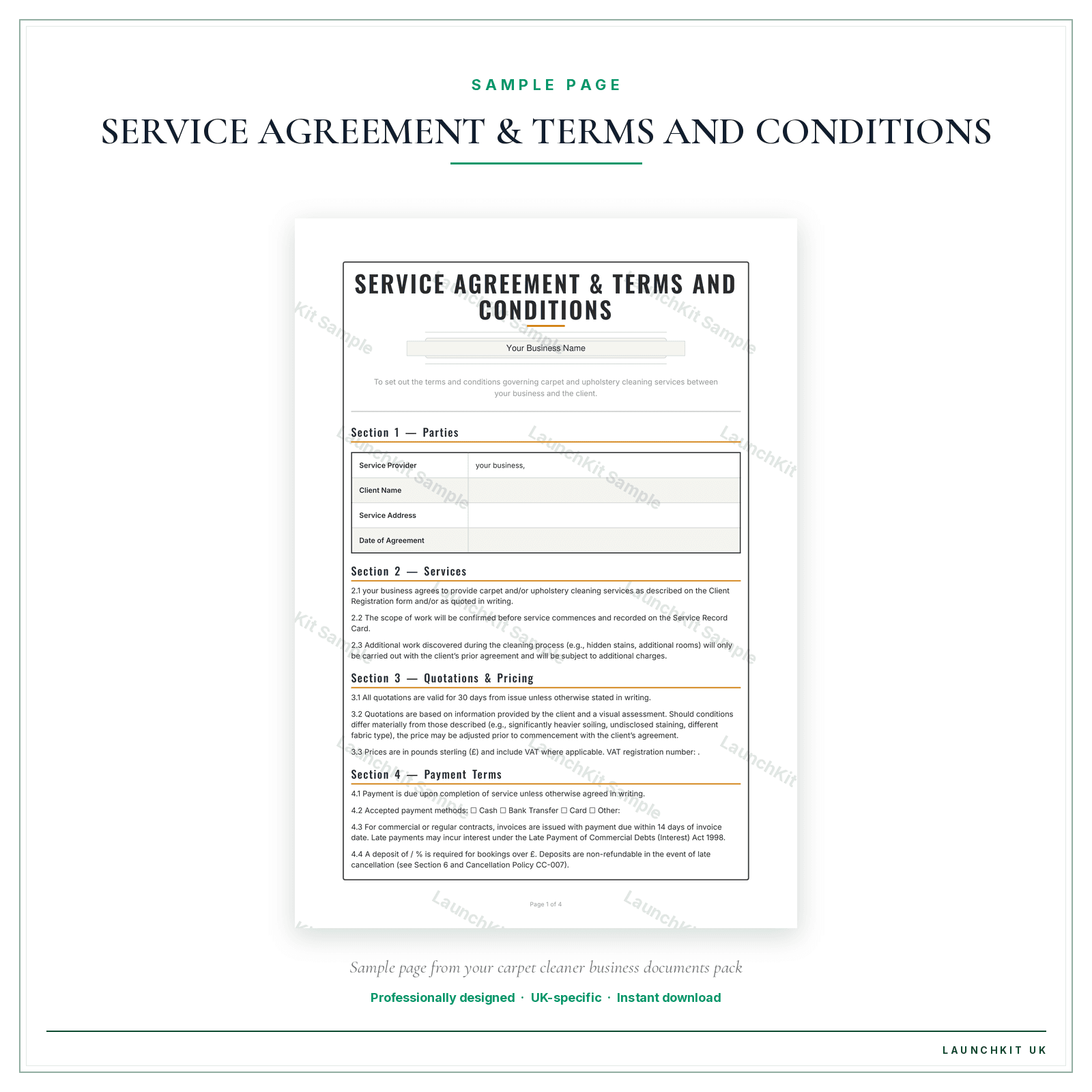 SERVICE AGREEMENT & TERMS AND CONDITIONS sample page from the Carpet Cleaner Business Documents — Standard pack — watermarked LaunchKit Sample