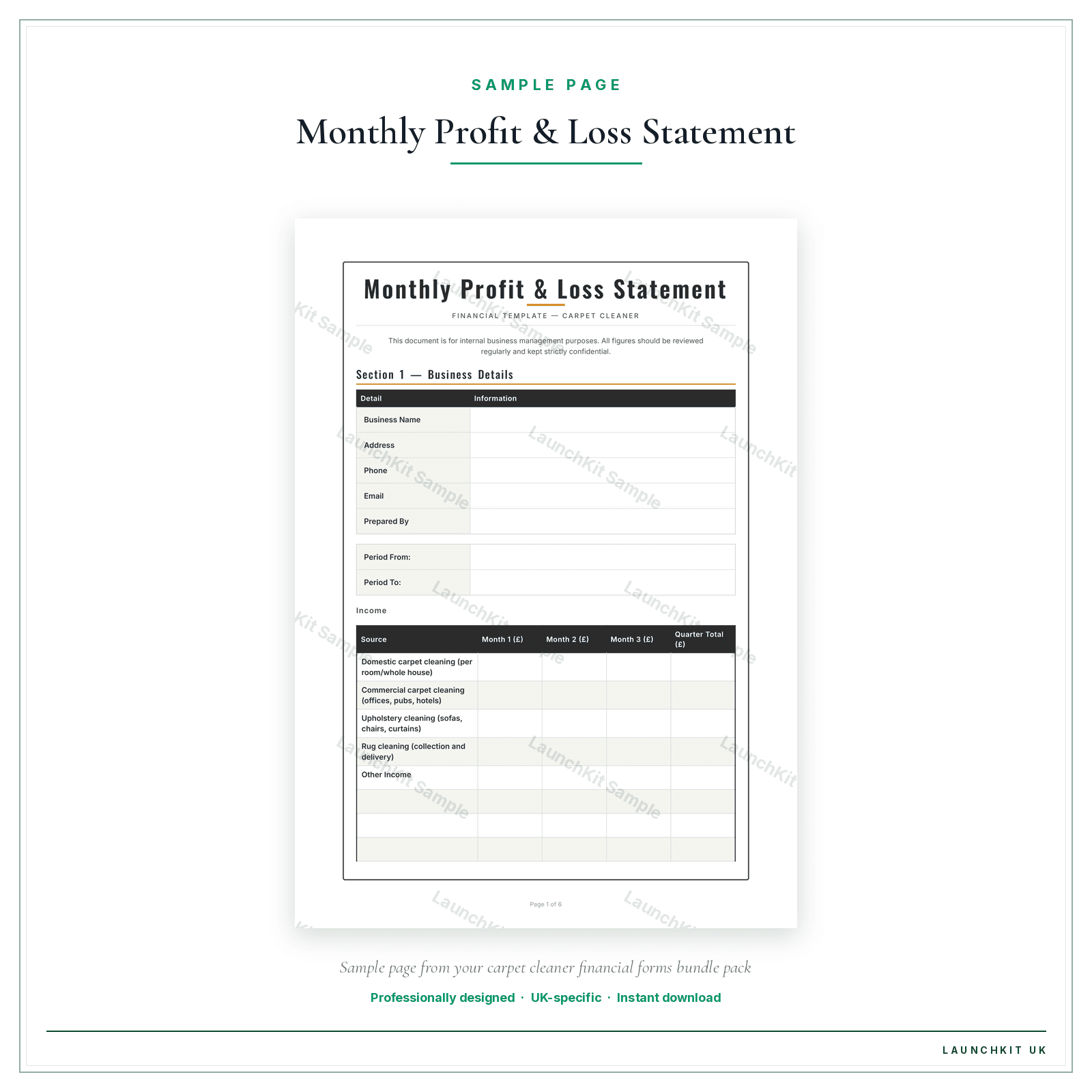 Monthly Profit & Loss Statement sample page from the Carpet Cleaner Financial Forms Bundle — Premium pack — watermarked LaunchKit Sample