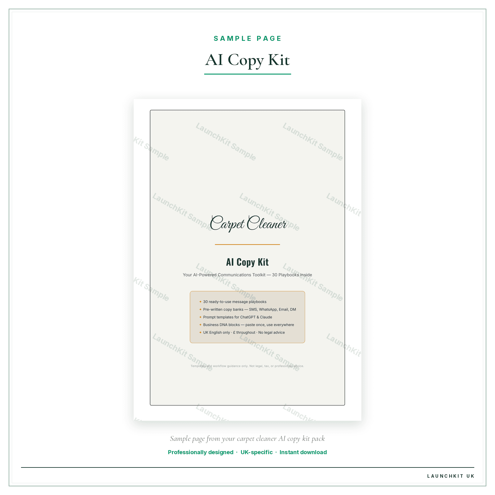 AI Copy Kit sample page from the Carpet Cleaner AI Copy Kit pack — watermarked LaunchKit Sample
