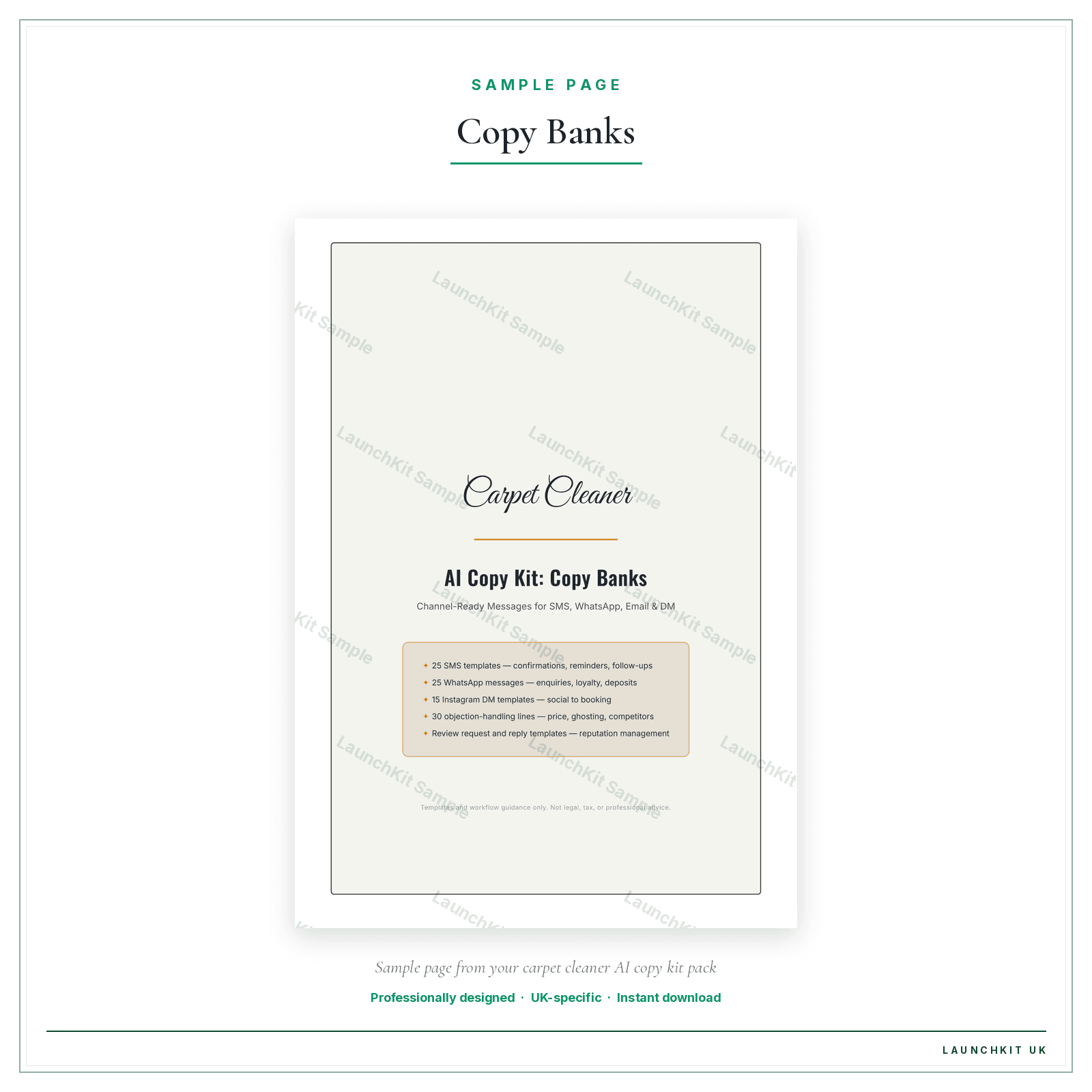 Copy Banks sample page from the Carpet Cleaner AI Copy Kit pack — watermarked LaunchKit Sample