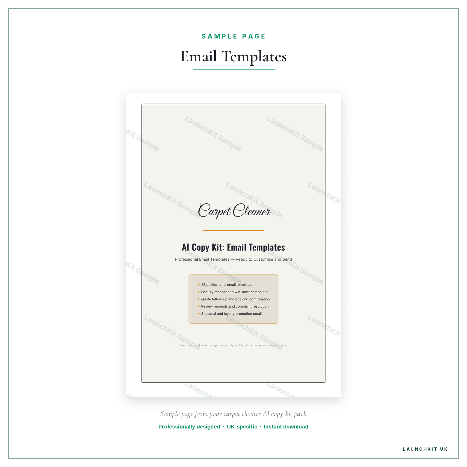 Email Templates sample page from the Carpet Cleaner AI Copy Kit pack — watermarked LaunchKit Sample