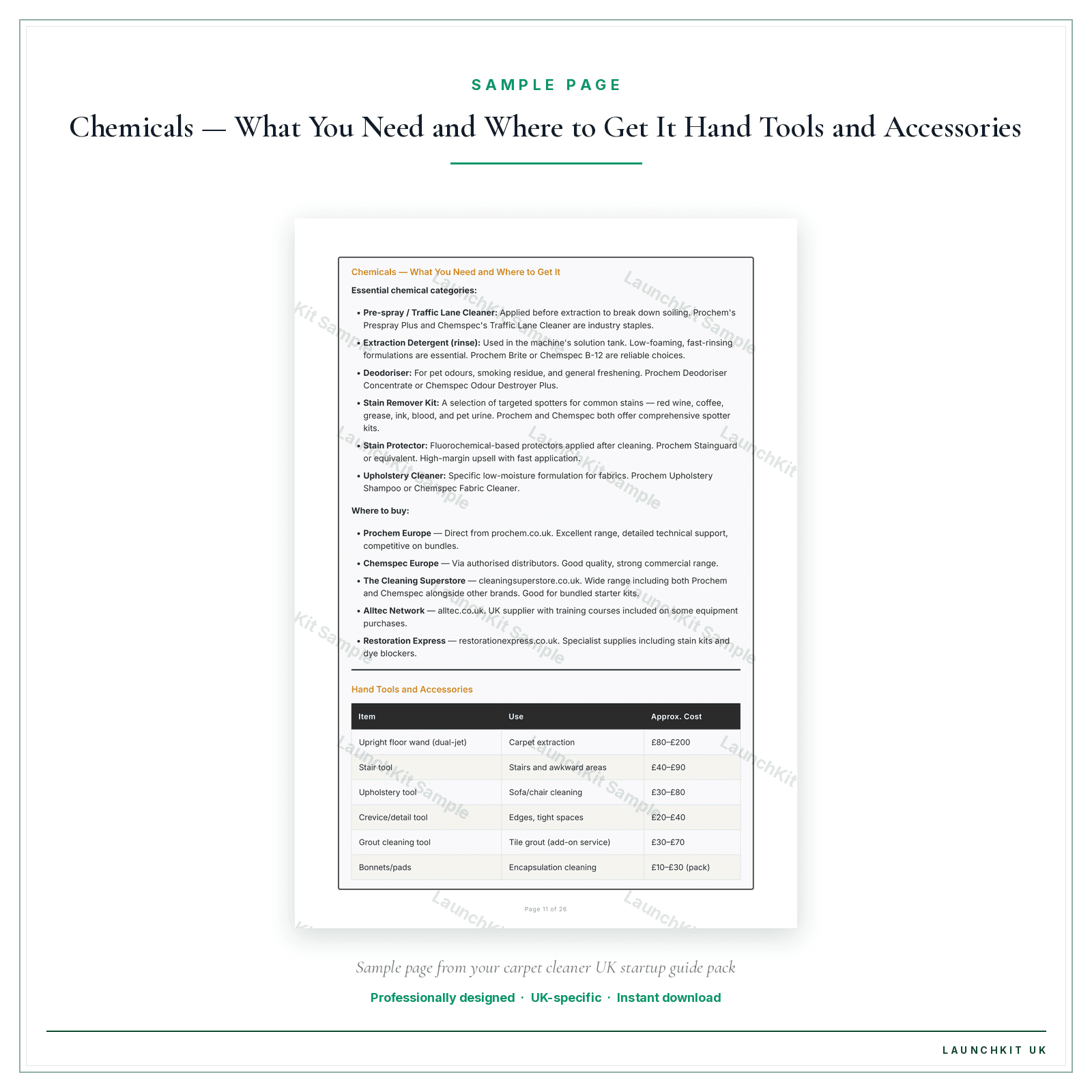 Chemicals — What You Need and Where to Get It Hand Tools and Accessories sample page from the Carpet Cleaner Startup Guide pack — watermarked LaunchKit Sample