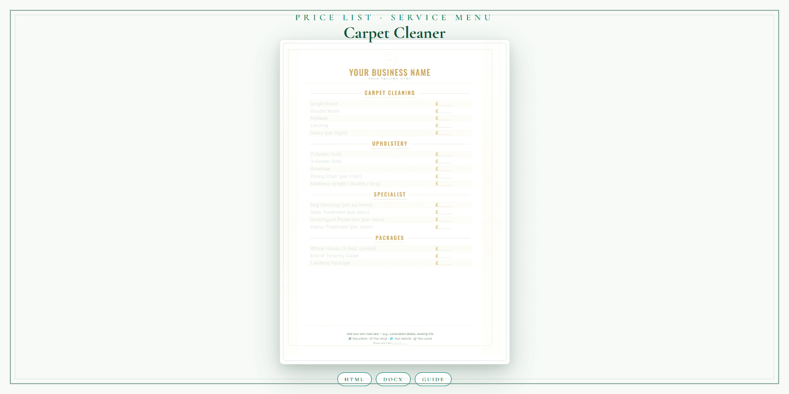Carpet Cleaner — Price List & Service Menu, PDF product overview