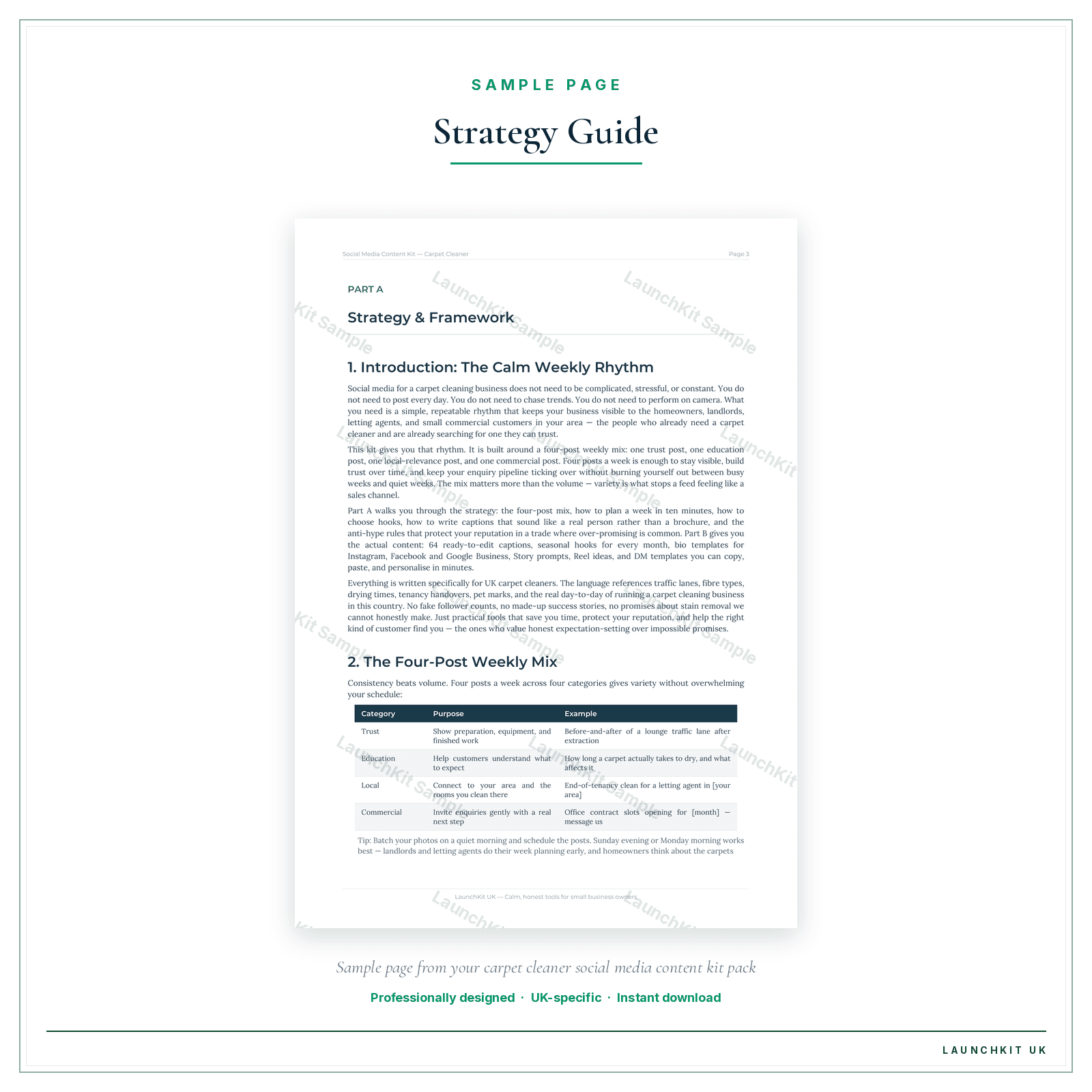 Strategy Guide sample page from the Carpet Cleaner Social Media Content Kit pack — watermarked LaunchKit Sample