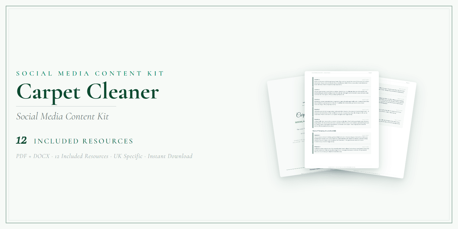 Carpet Cleaner — Social Media Content Kit, PDF and editable DOCX product overview