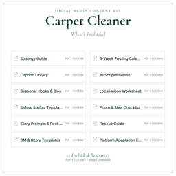 Carpet Cleaner — Social Media Content Kit, PDF and editable DOCX what's included preview