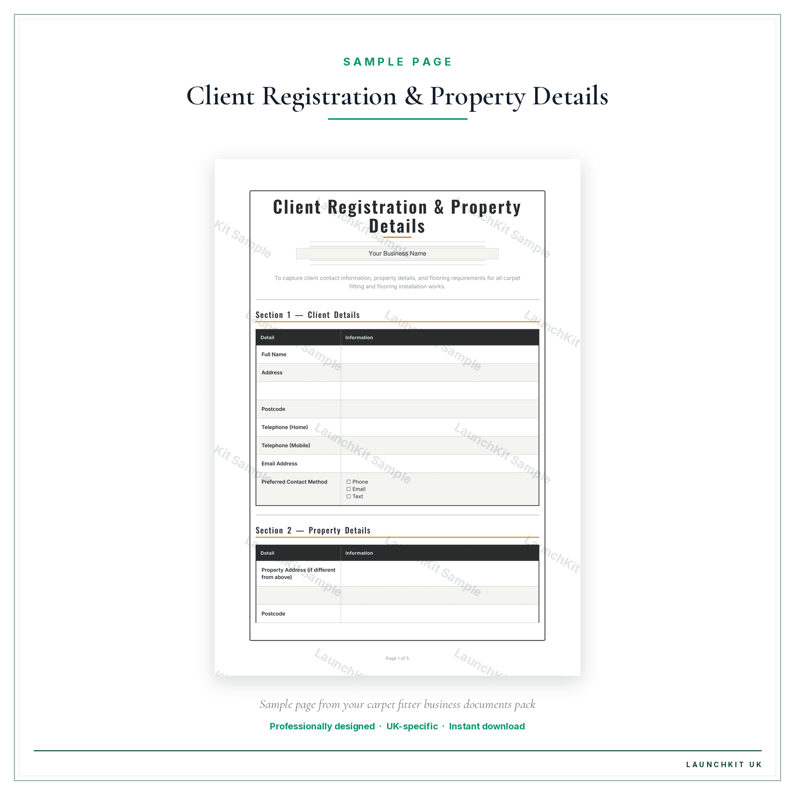 Client Registration & Property Details sample page from the Carpet Fitter Business Documents — Premium pack — watermarked LaunchKit Sample