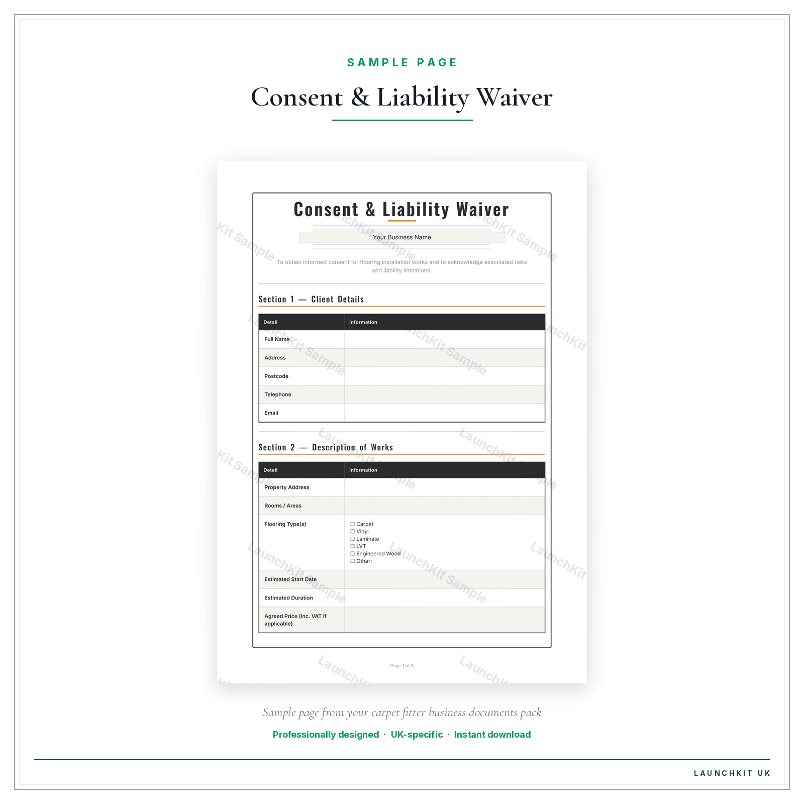 Consent & Liability Waiver sample page from the Carpet Fitter Business Documents — Premium pack — watermarked LaunchKit Sample