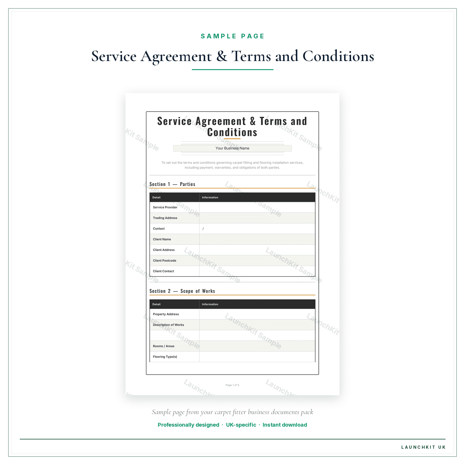 Service Agreement & Terms and Conditions sample page from the Carpet Fitter Business Documents — Premium pack — watermarked LaunchKit Sample