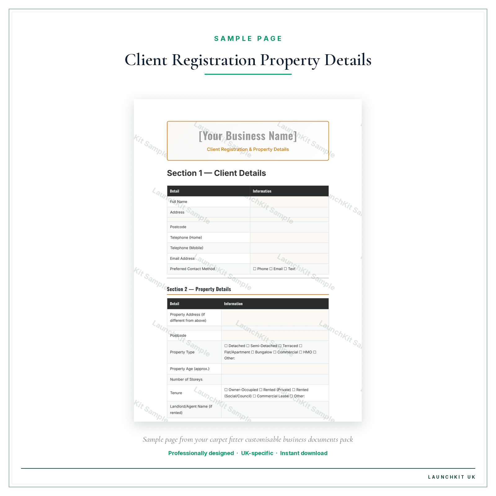 Client Registration & Property Details sample page from the Carpet Fitter Business Documents — Customisable pack — watermarked LaunchKit Sample