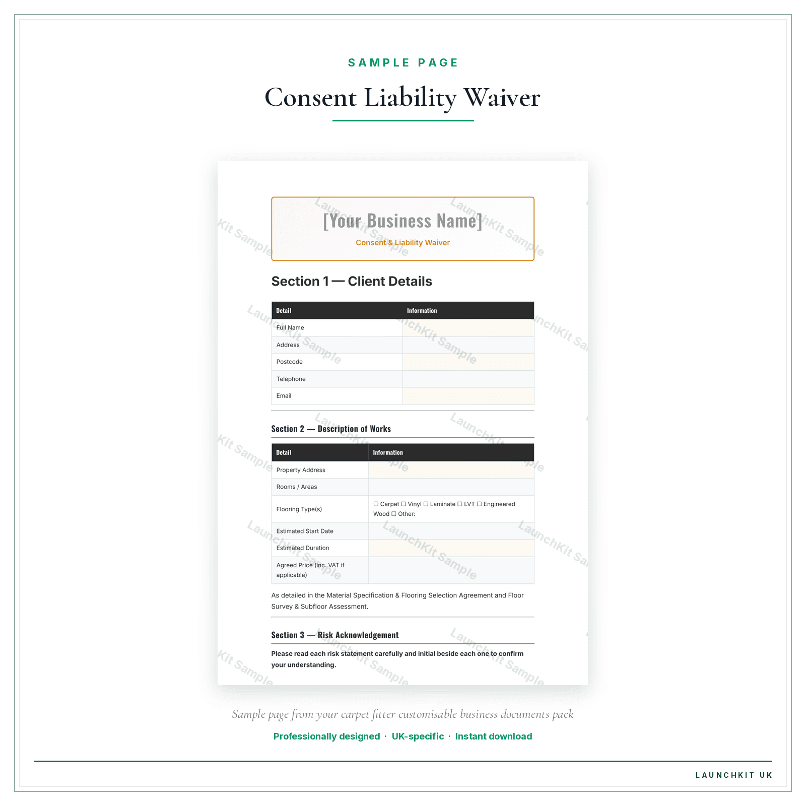 Consent & Liability Waiver sample page from the Carpet Fitter Business Documents — Customisable pack — watermarked LaunchKit Sample