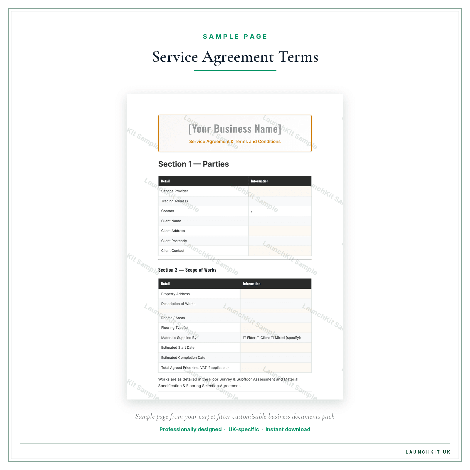 Service Agreement & Terms and Conditions sample page from the Carpet Fitter Business Documents — Customisable pack — watermarked LaunchKit Sample