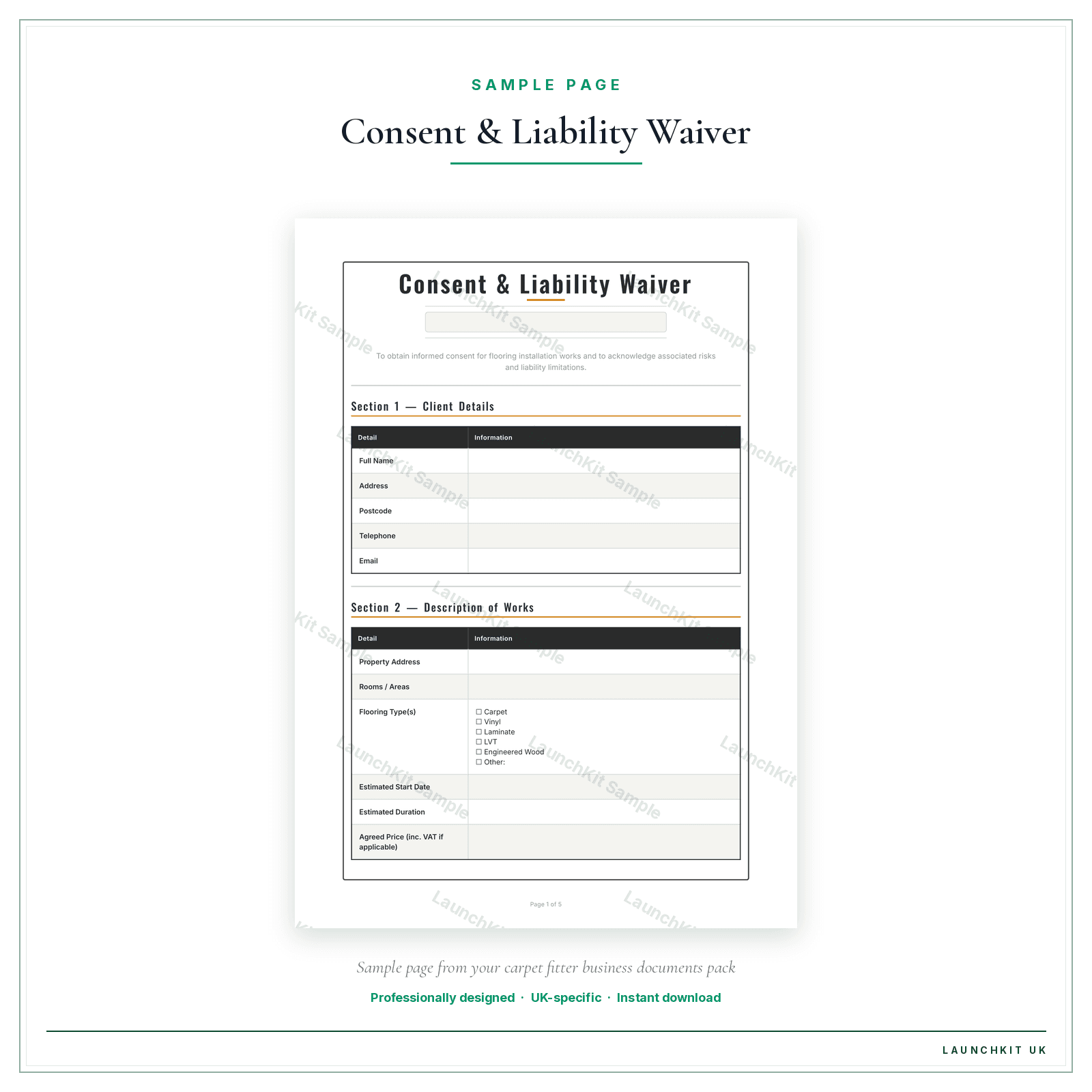 Consent & Liability Waiver sample page from the Carpet Fitter Business Documents — Essential pack — watermarked LaunchKit Sample