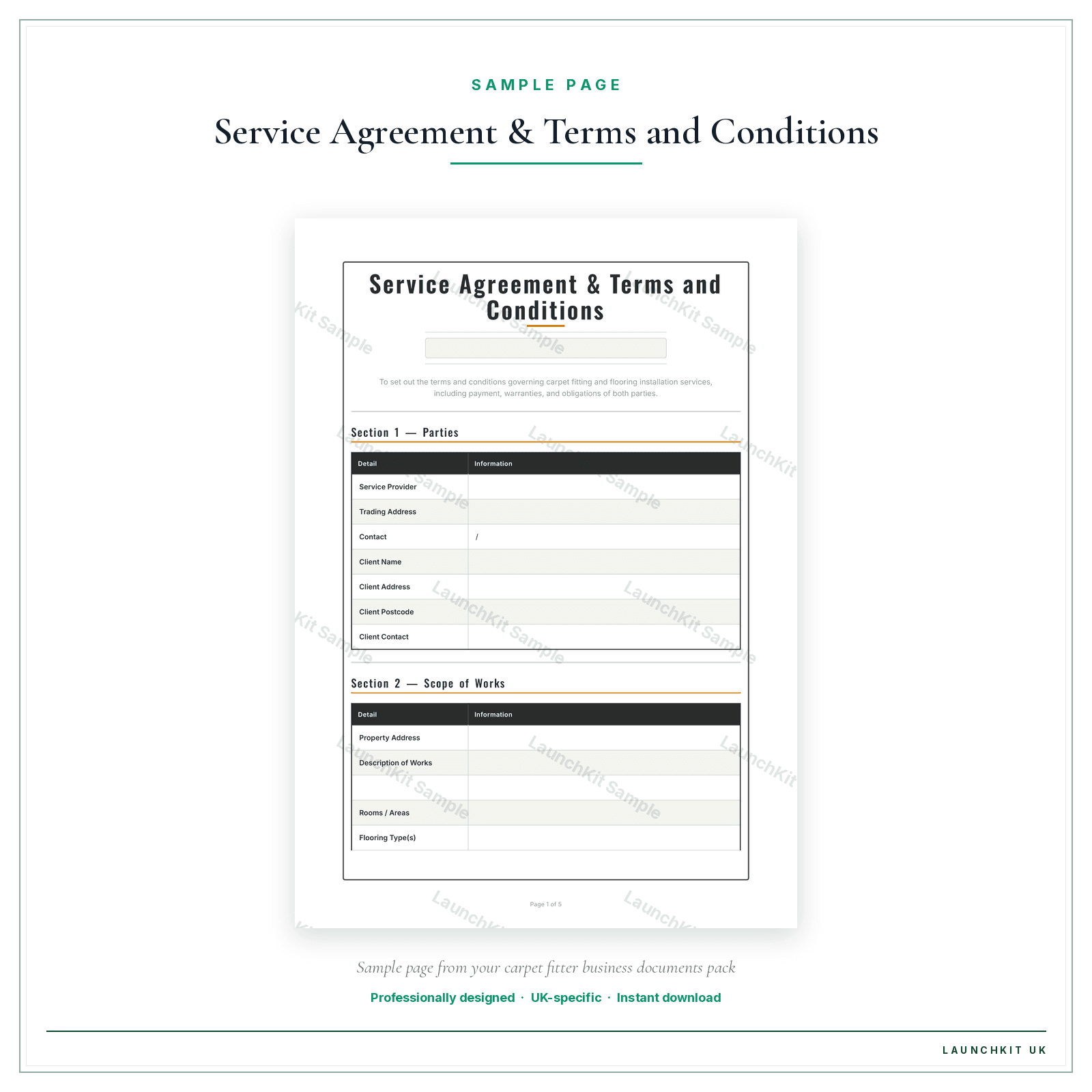 Service Agreement & Terms and Conditions sample page from the Carpet Fitter Business Documents — Essential pack — watermarked LaunchKit Sample
