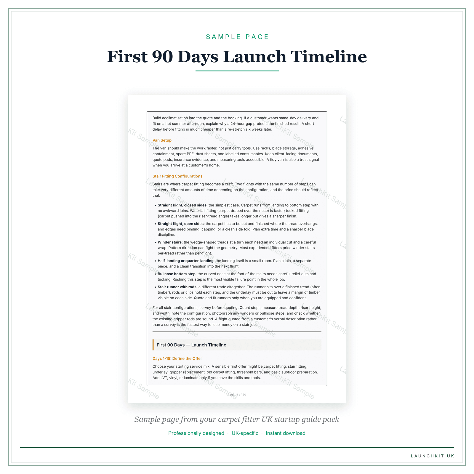 First 90 Days Launch Timeline sample page from the Carpet Fitter Startup Guide pack — watermarked LaunchKit Sample