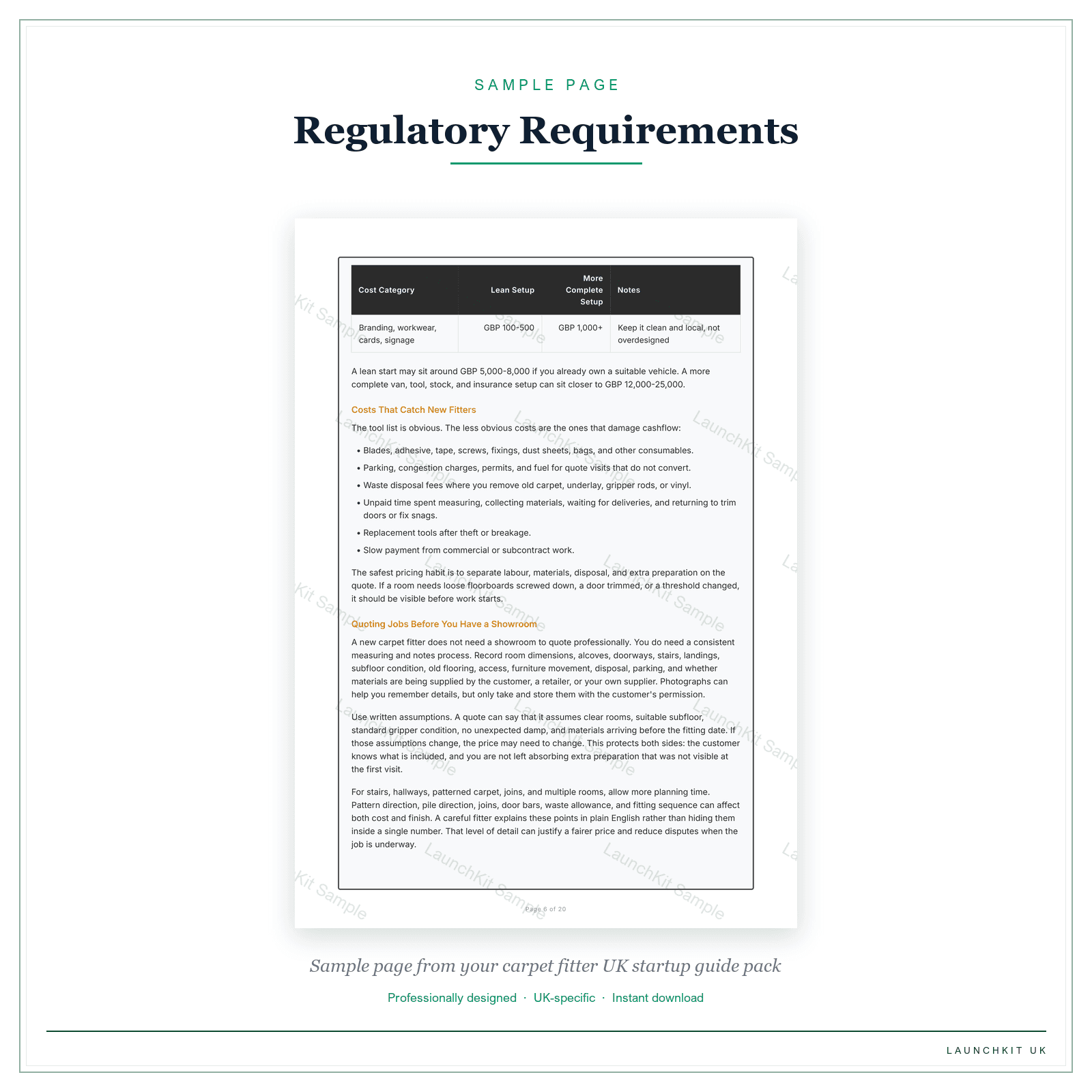 Regulatory Requirements sample page from the Carpet Fitter Startup Guide pack — watermarked LaunchKit Sample