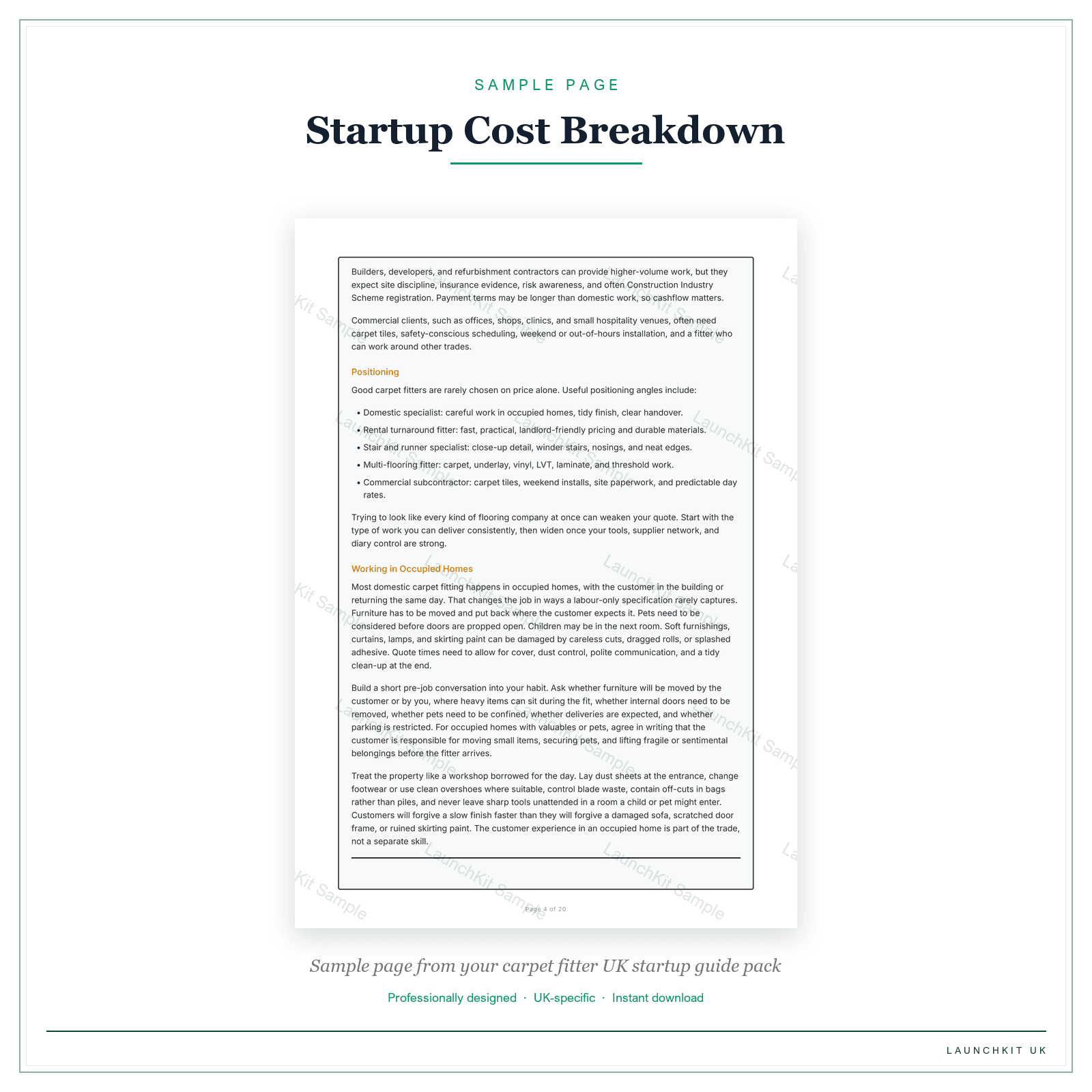 Startup Cost Breakdown sample page from the Carpet Fitter Startup Guide pack — watermarked LaunchKit Sample