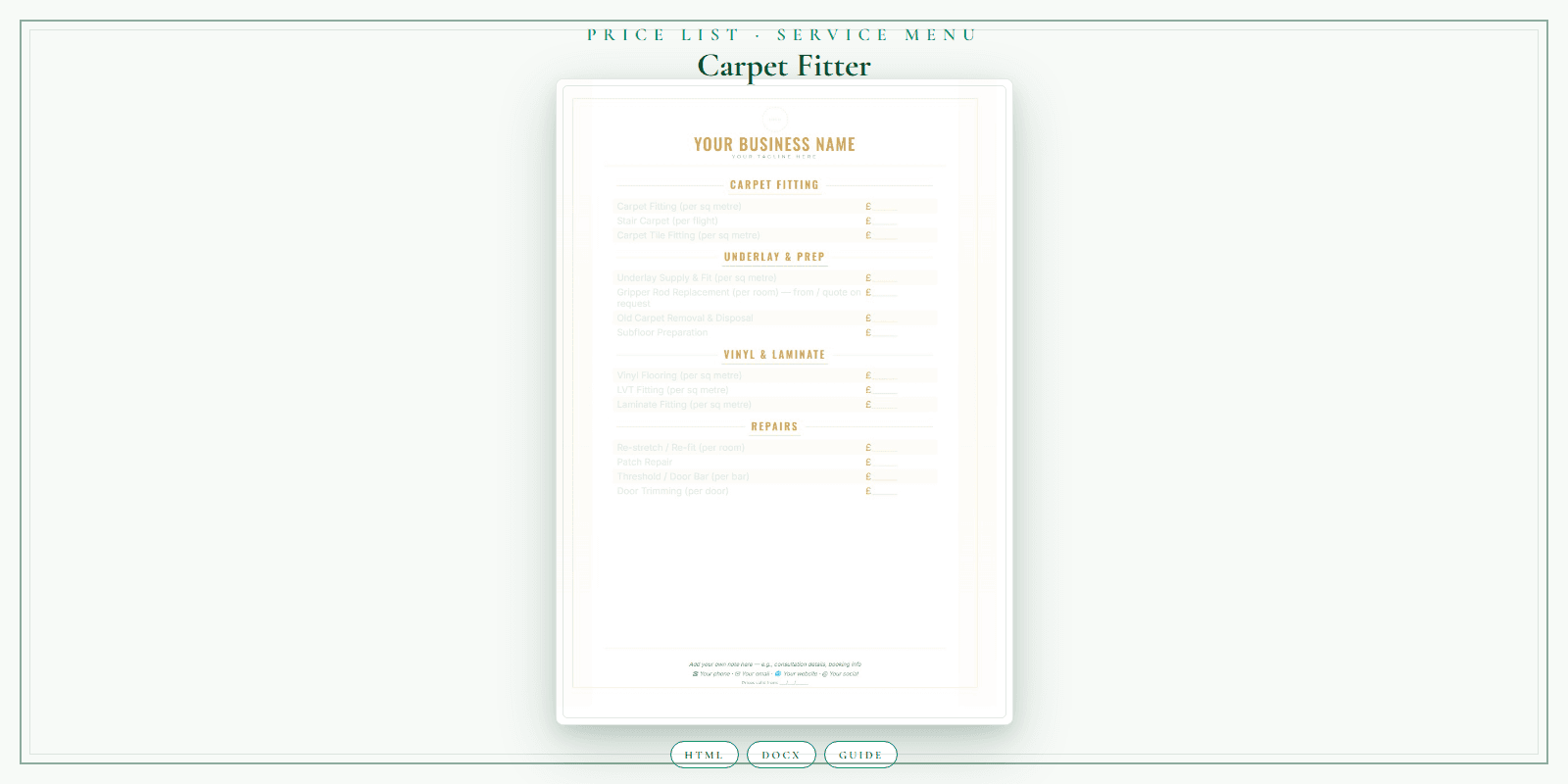 Carpet Fitter — Price List & Service Menu, PDF product overview