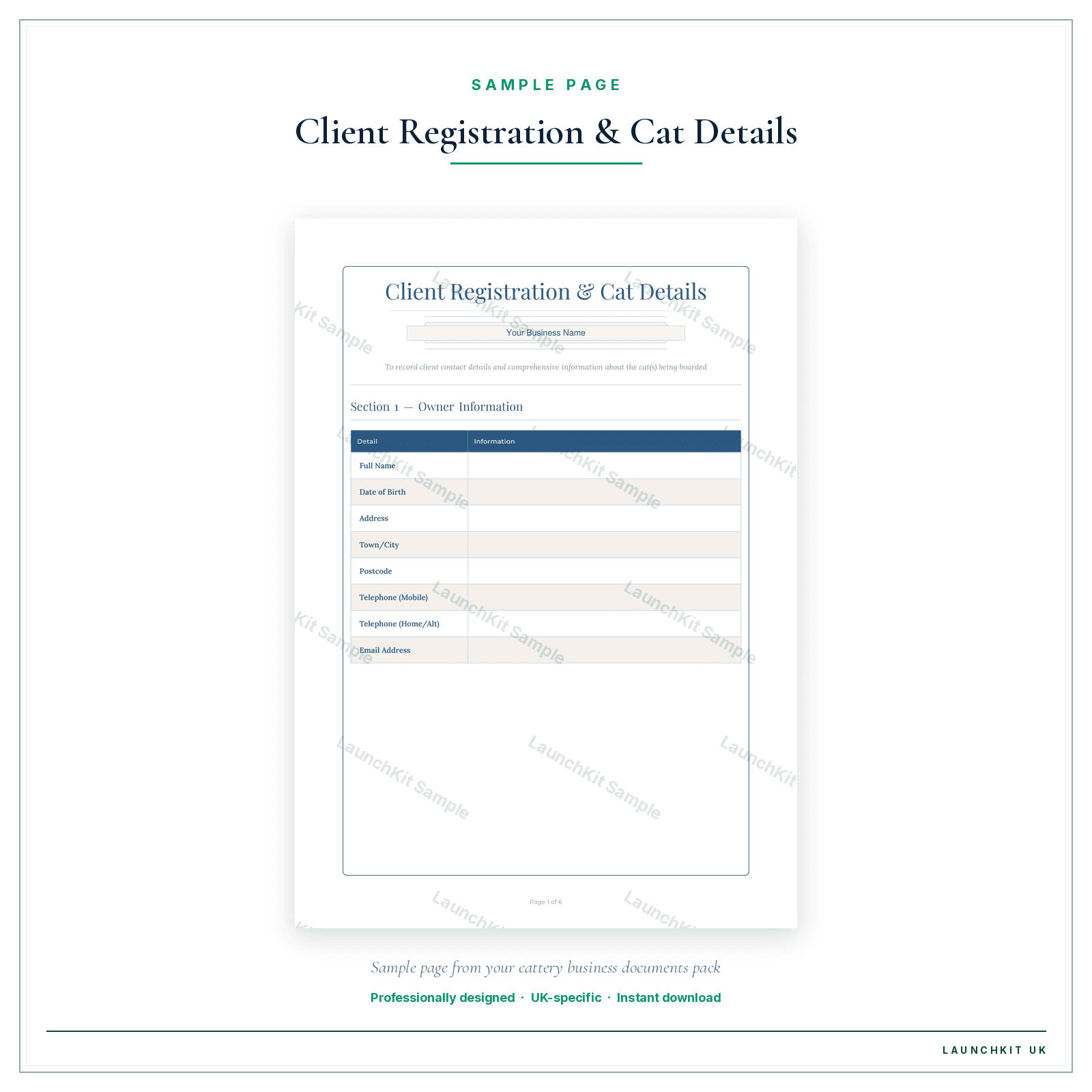 Client Registration & Cat Details sample page from the Cattery Business Documents — Premium pack — watermarked LaunchKit Sample