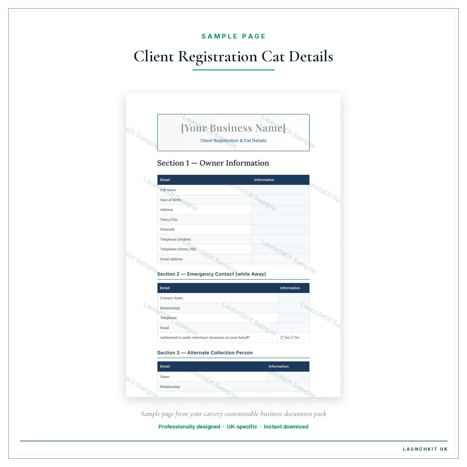 Client Registration & Cat Details sample page from the Cattery Business Documents — Customisable pack — watermarked LaunchKit Sample
