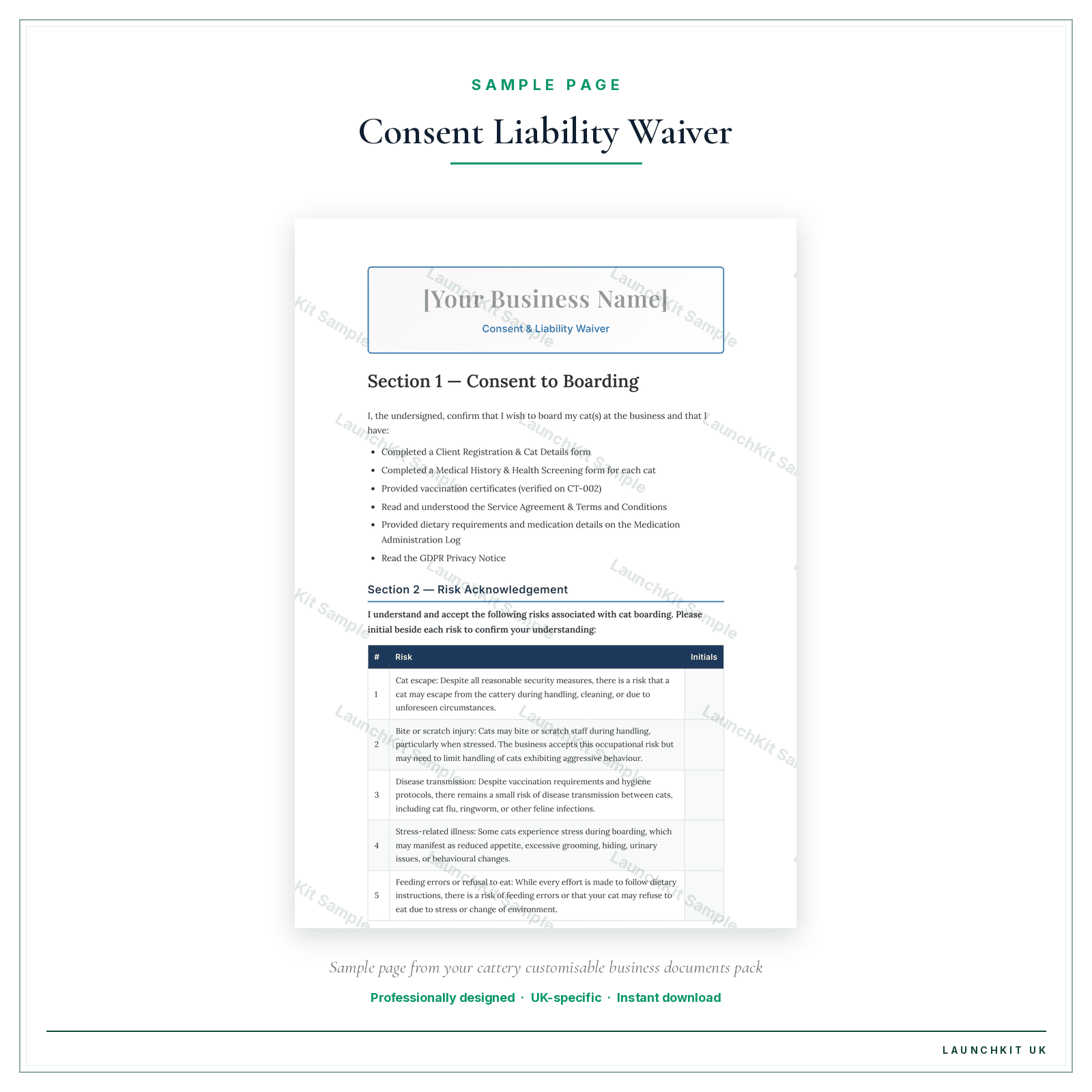 Consent & Liability Waiver sample page from the Cattery Business Documents — Customisable pack — watermarked LaunchKit Sample