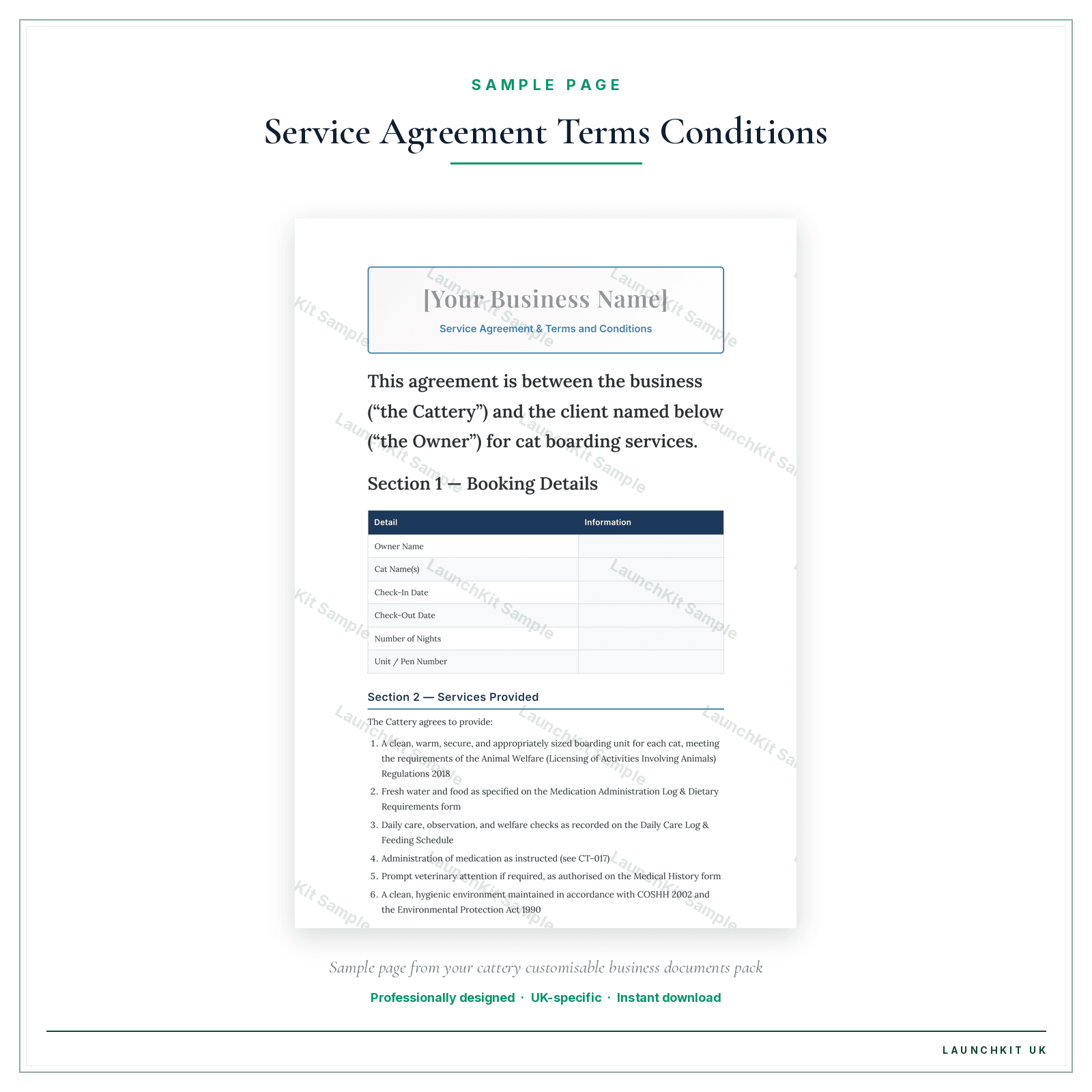 Service Agreement & Terms and Conditions sample page from the Cattery Business Documents — Customisable pack — watermarked LaunchKit Sample