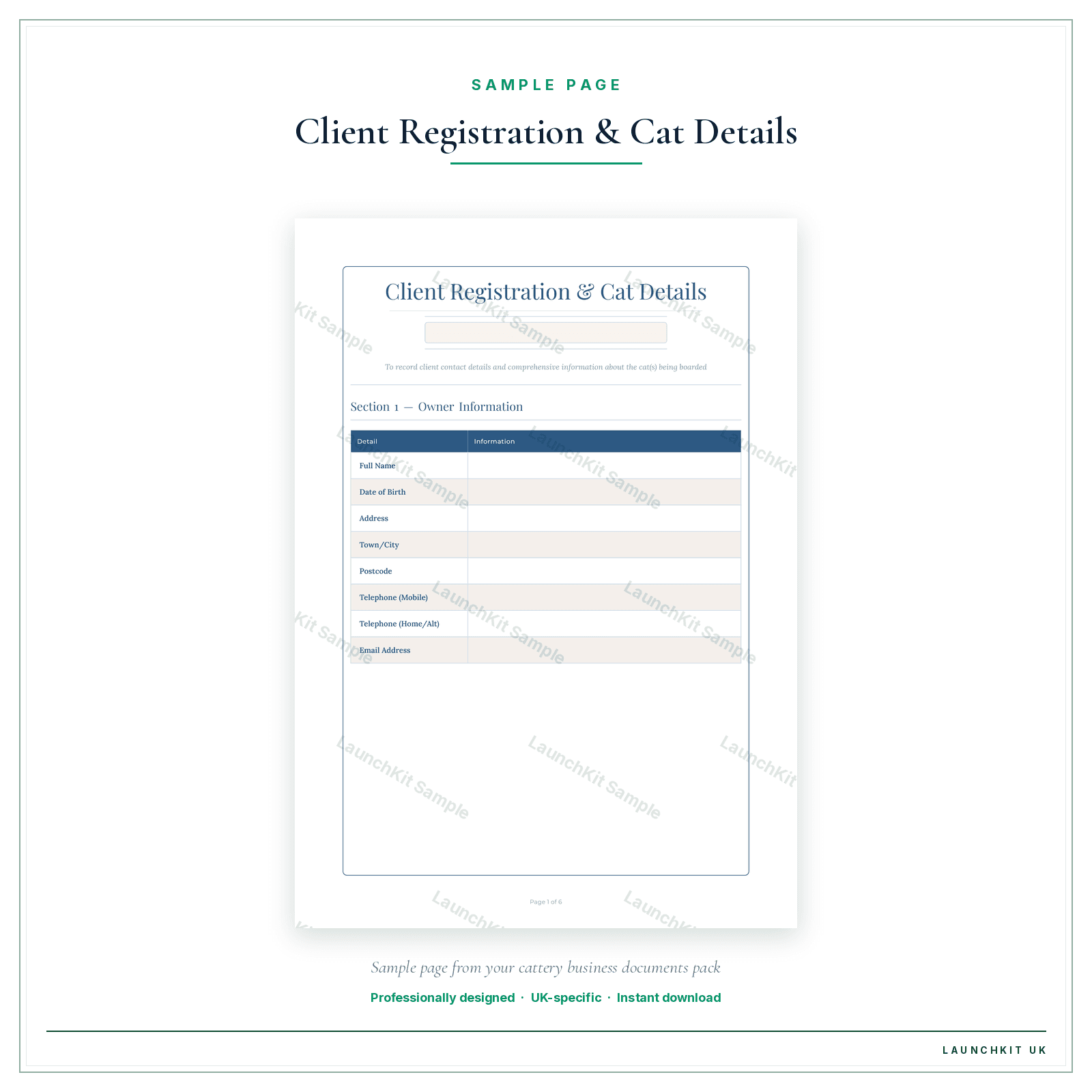 Client Registration & Cat Details sample page from the Cattery Business Documents — Essential pack — watermarked LaunchKit Sample