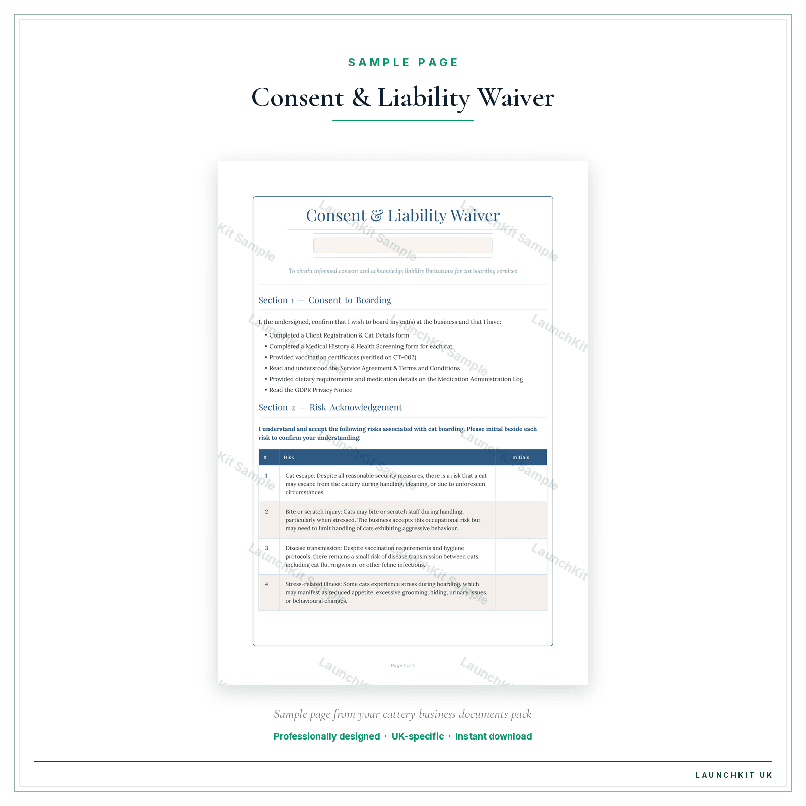 Consent & Liability Waiver sample page from the Cattery Business Documents — Essential pack — watermarked LaunchKit Sample