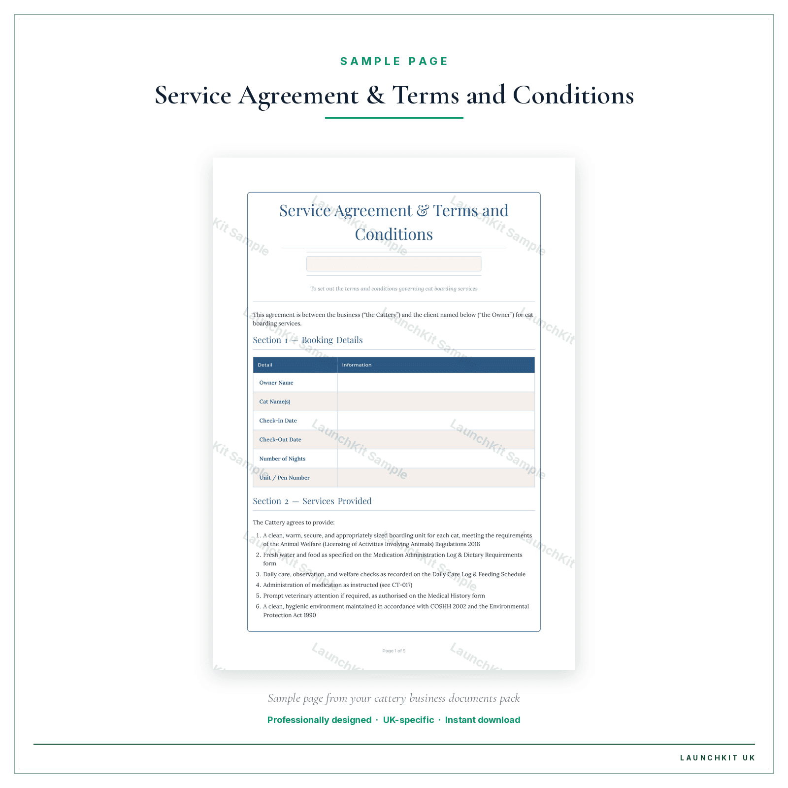 Service Agreement & Terms and Conditions sample page from the Cattery Business Documents — Essential pack — watermarked LaunchKit Sample