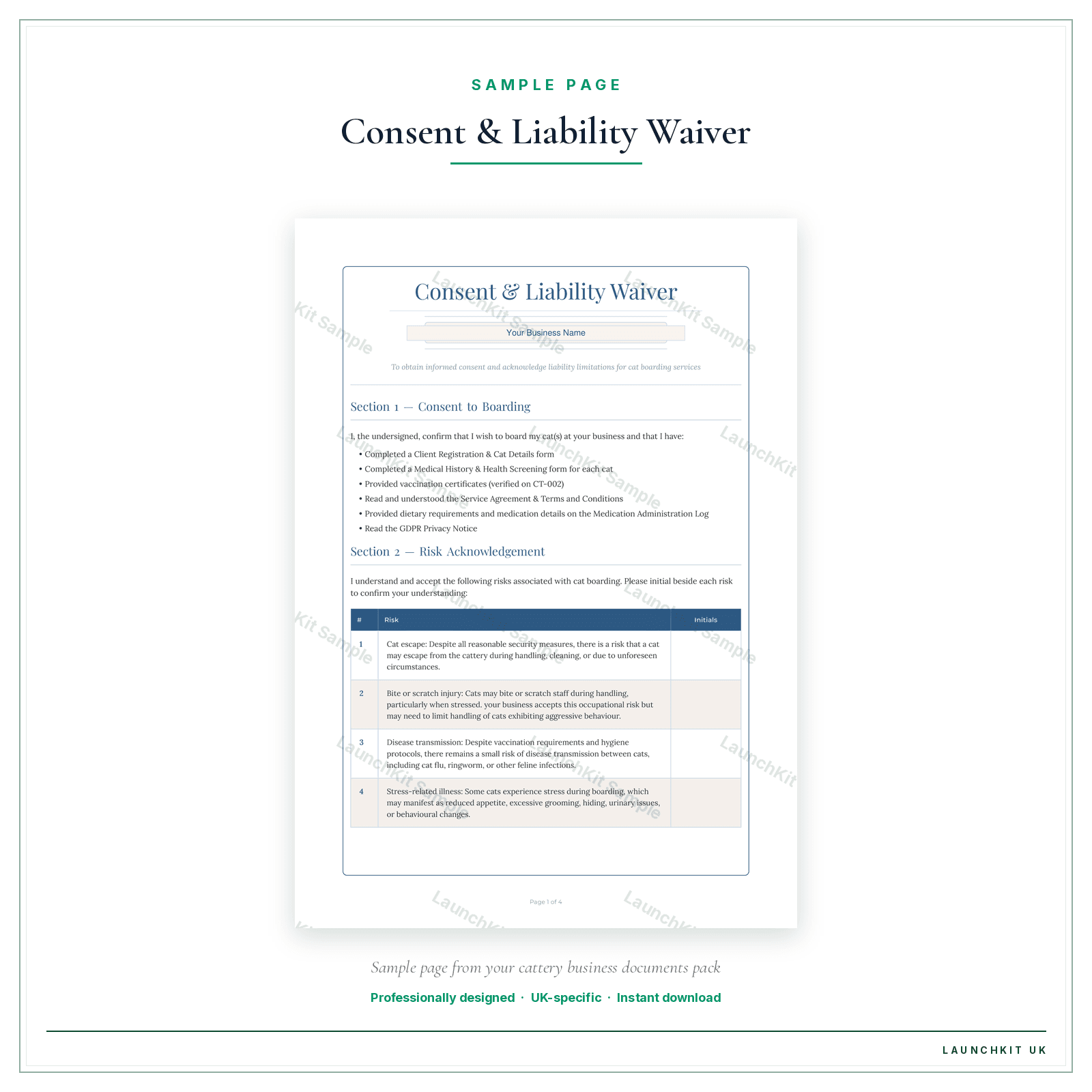 Consent & Liability Waiver sample page from the Cattery Business Documents — Standard pack — watermarked LaunchKit Sample