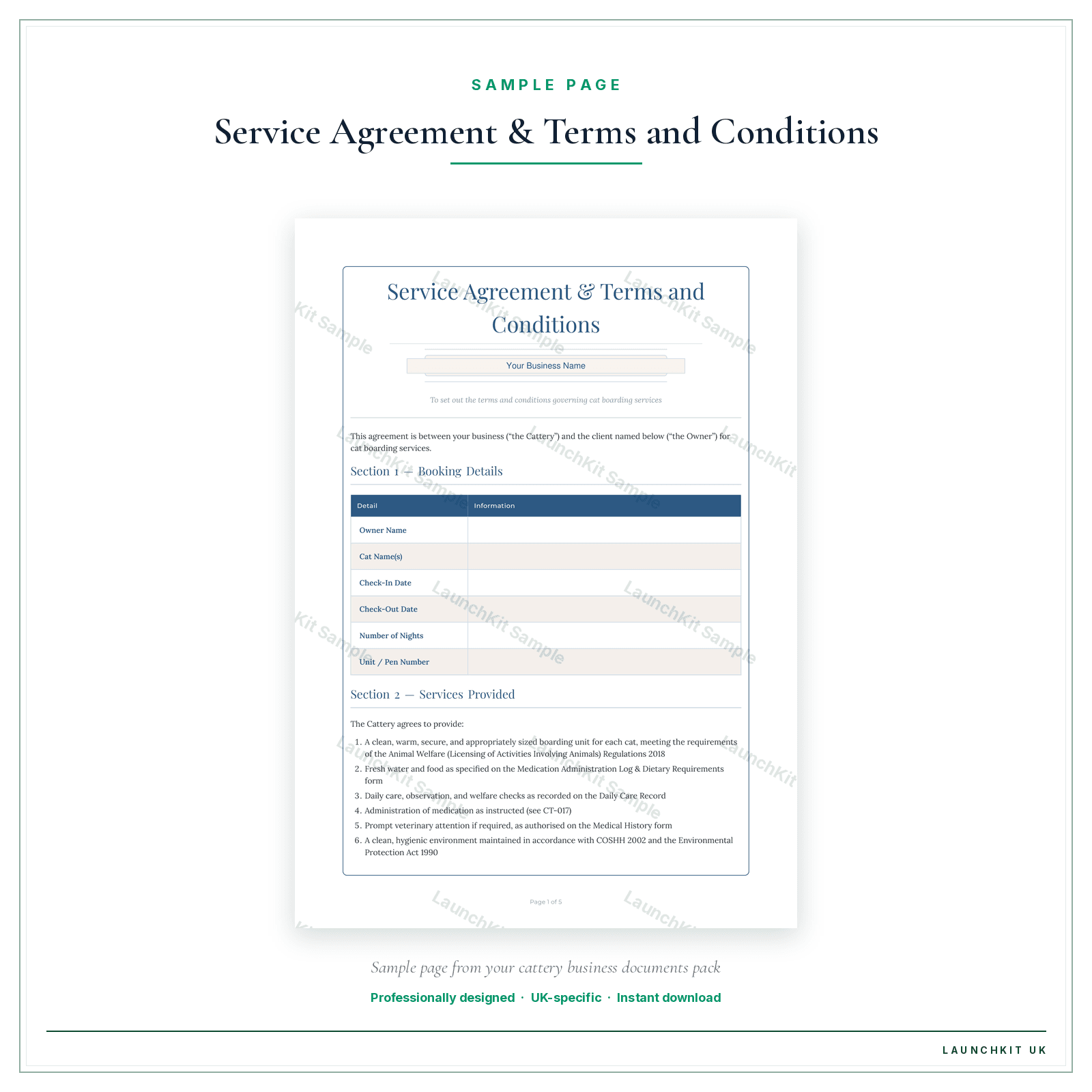 Service Agreement & Terms and Conditions sample page from the Cattery Business Documents — Standard pack — watermarked LaunchKit Sample
