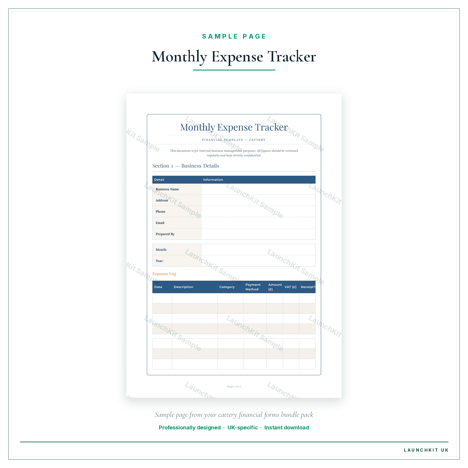 Monthly Expense Tracker sample page from the Cattery Financial Forms Bundle — Premium pack — watermarked LaunchKit Sample